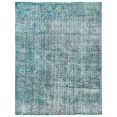 Vintage Overdyed Teal Persian Qashqai Cropped Thin Hand Knotted Clean Rug