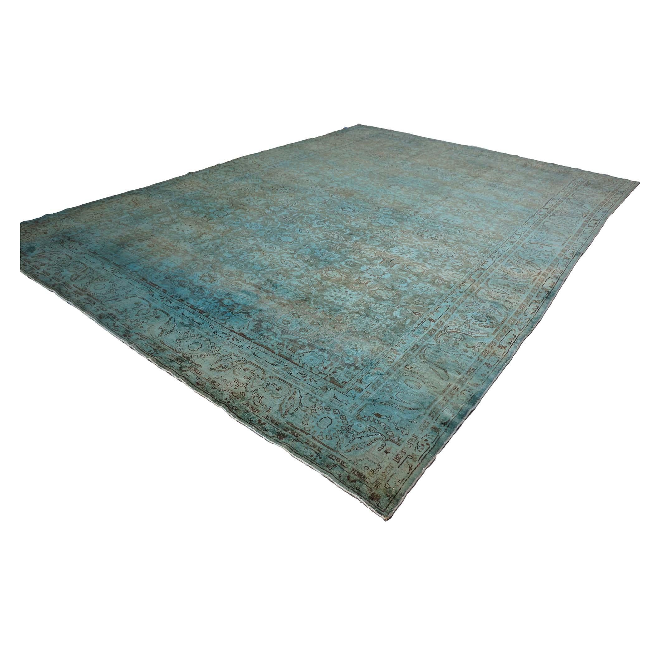 Persiano Tappeto di lana vintage 11x14 sovratinto verde acqua fatto a mano in vendita