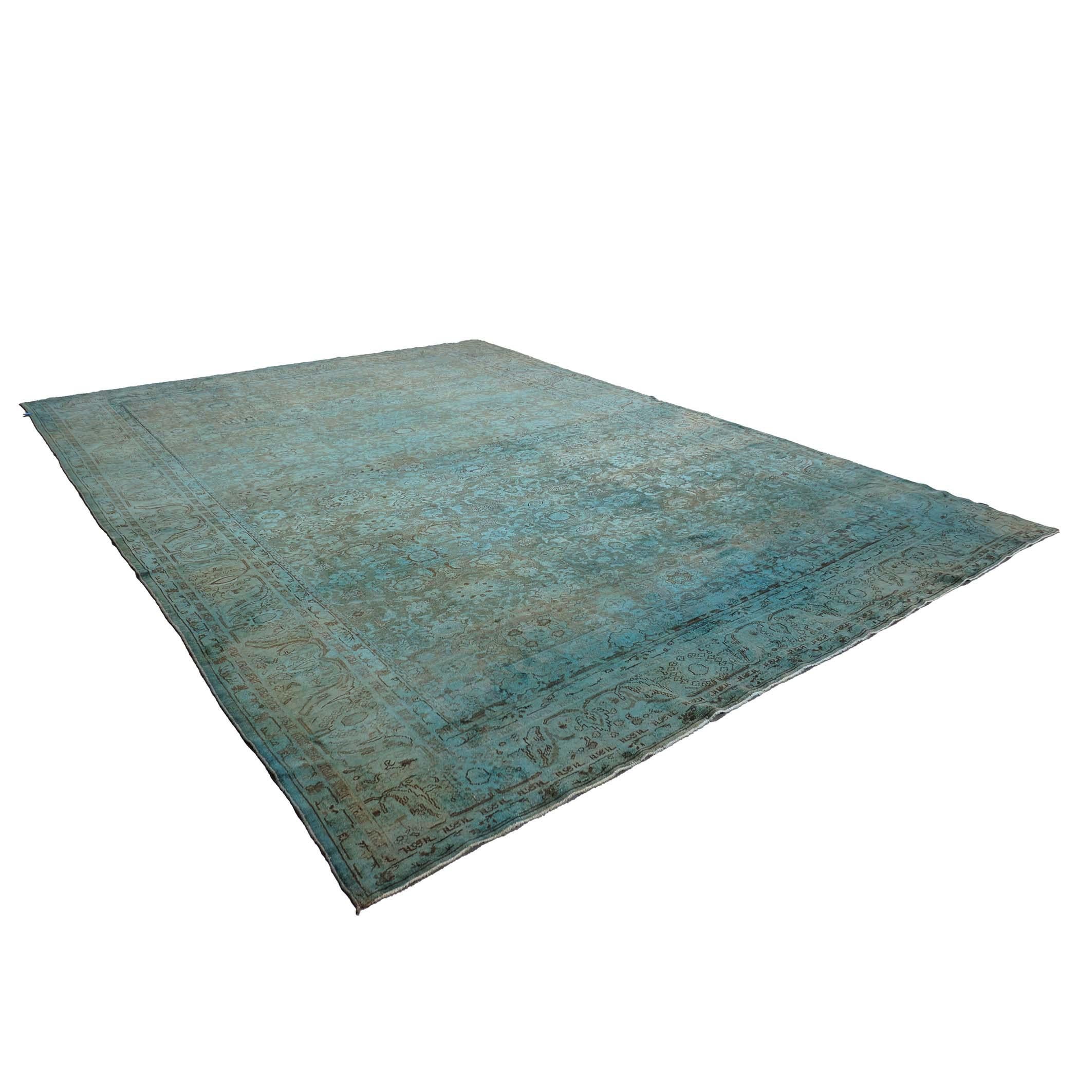Tessuto a mano Tappeto di lana vintage 11x14 sovratinto verde acqua fatto a mano in vendita