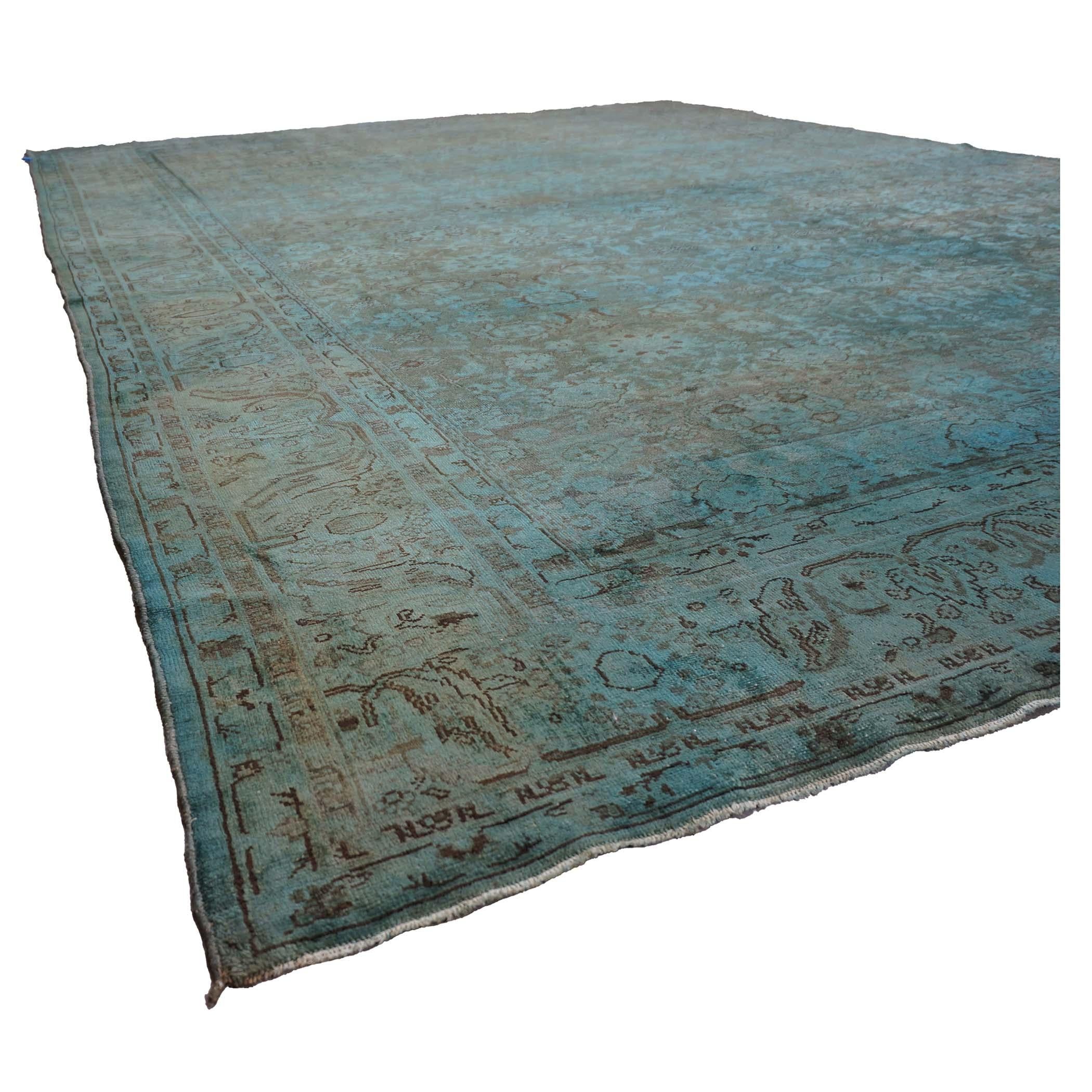 Tappeto di lana vintage 11x14 sovratinto verde acqua fatto a mano In condizioni buone in vendita a Houston, TX