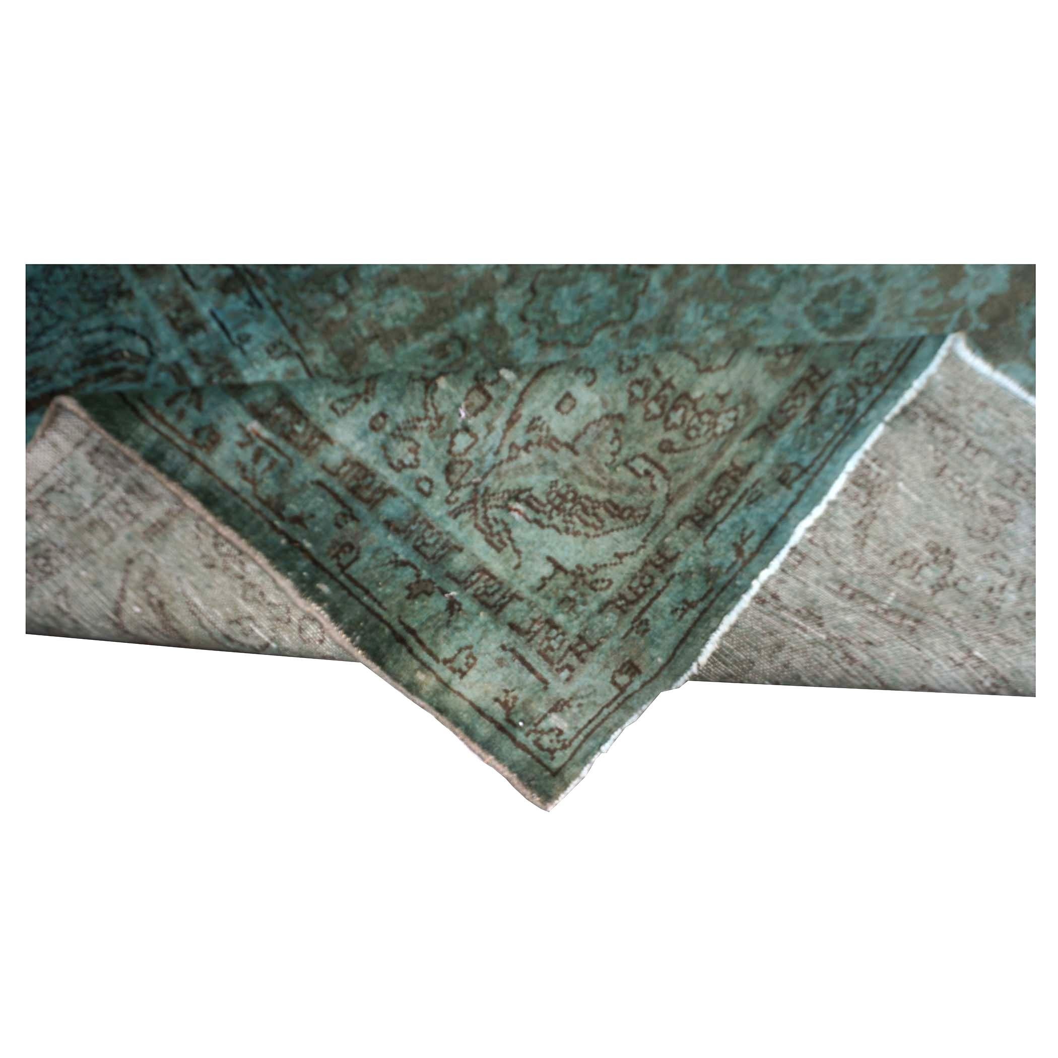 XXI secolo e contemporaneo Tappeto di lana vintage 11x14 sovratinto verde acqua fatto a mano in vendita