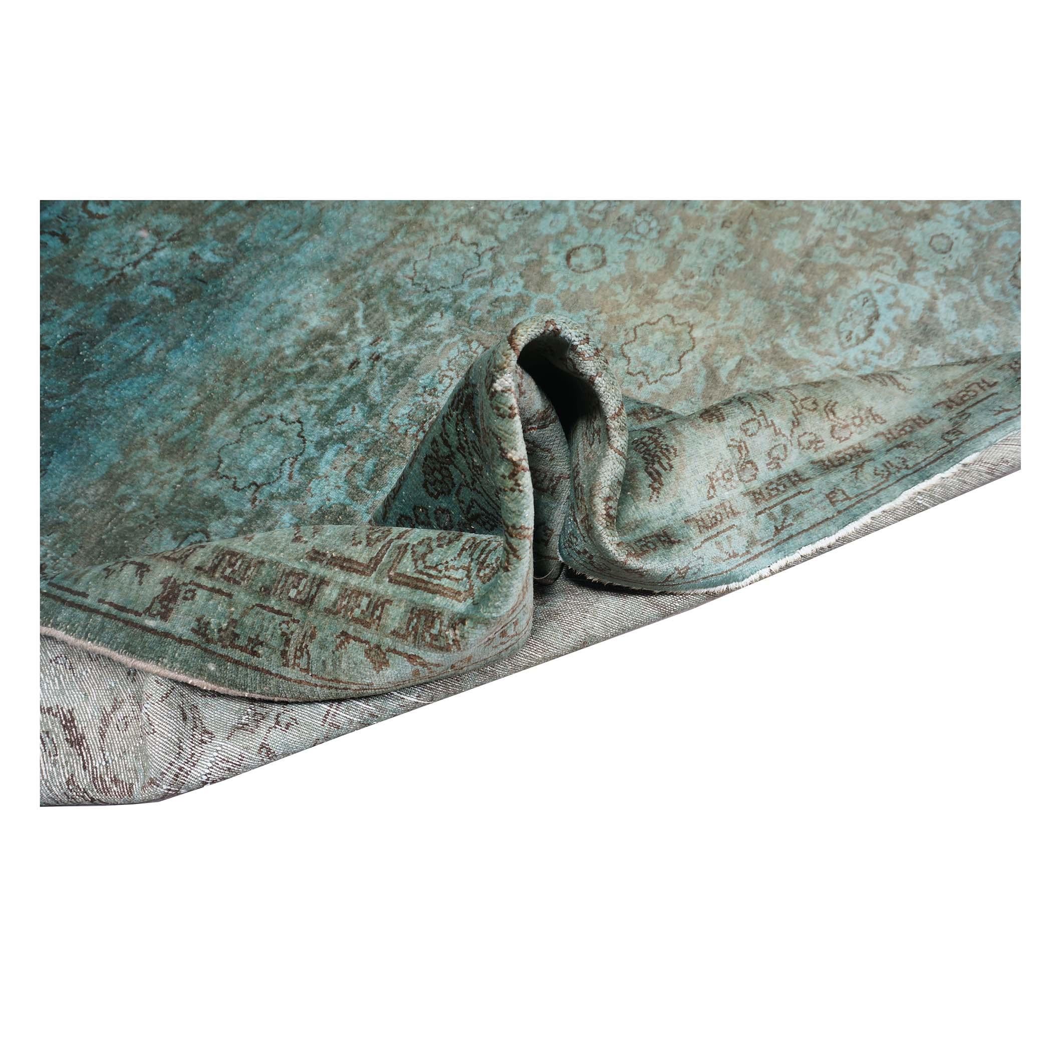 Lana Tappeto di lana vintage 11x14 sovratinto verde acqua fatto a mano in vendita