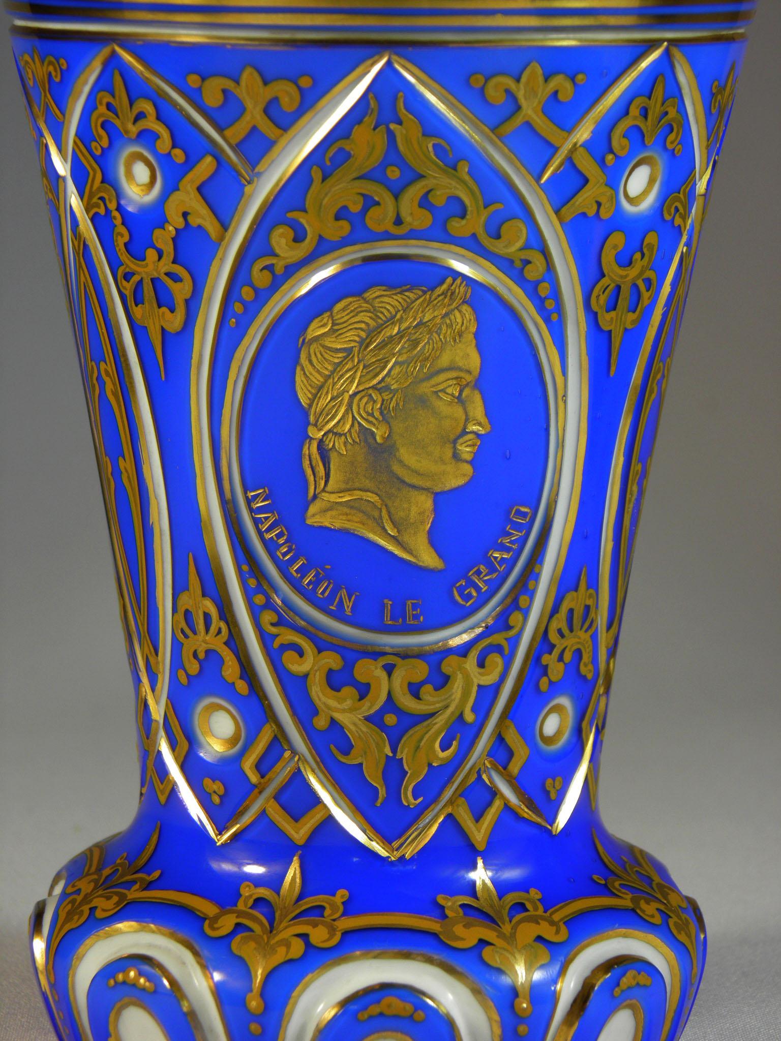 19th Century Overlaid Cobalt Opal Bohemian Goblet Napoleon Bonaparte Gilded Portrait