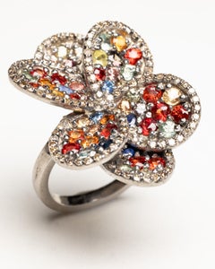 Overlapping Flower Petal Colored Sapphires and Diamond Cocktail Ring