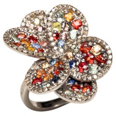 Overlapping Flower Petal Colored Sapphires and Diamond Cocktail Ring