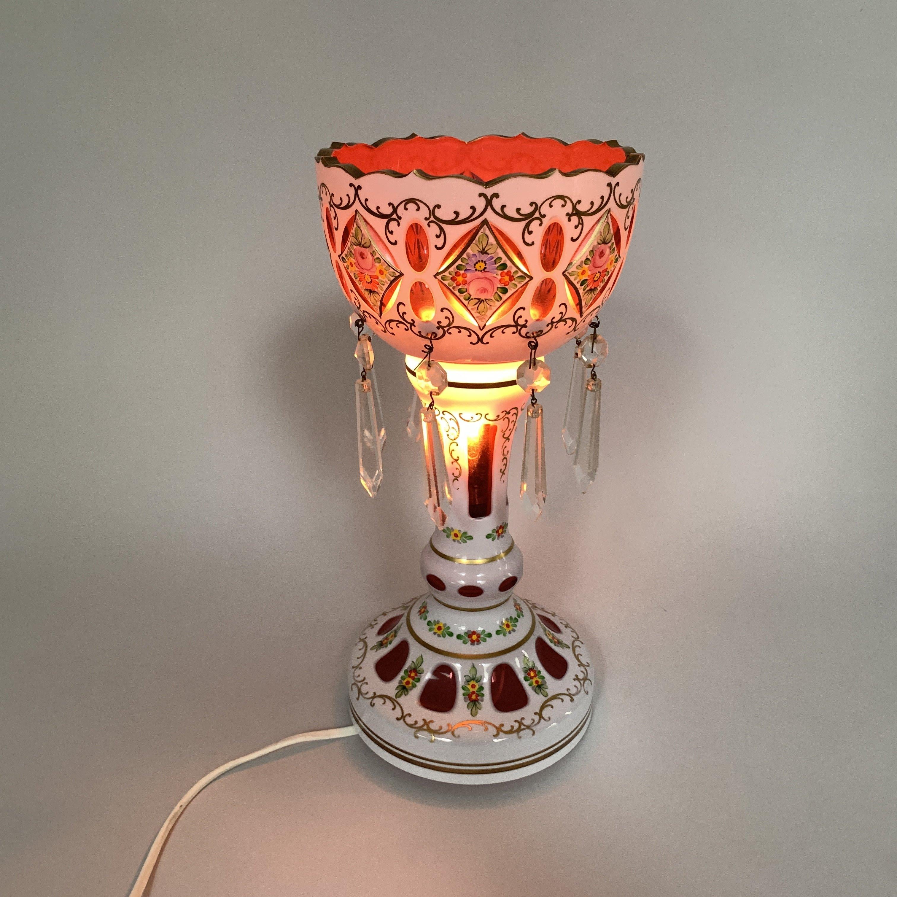 Mid-Century Modern Overlay and Enamelled Glass Lustre Lamp, Crystalex, Czechoslovakia, 1950s