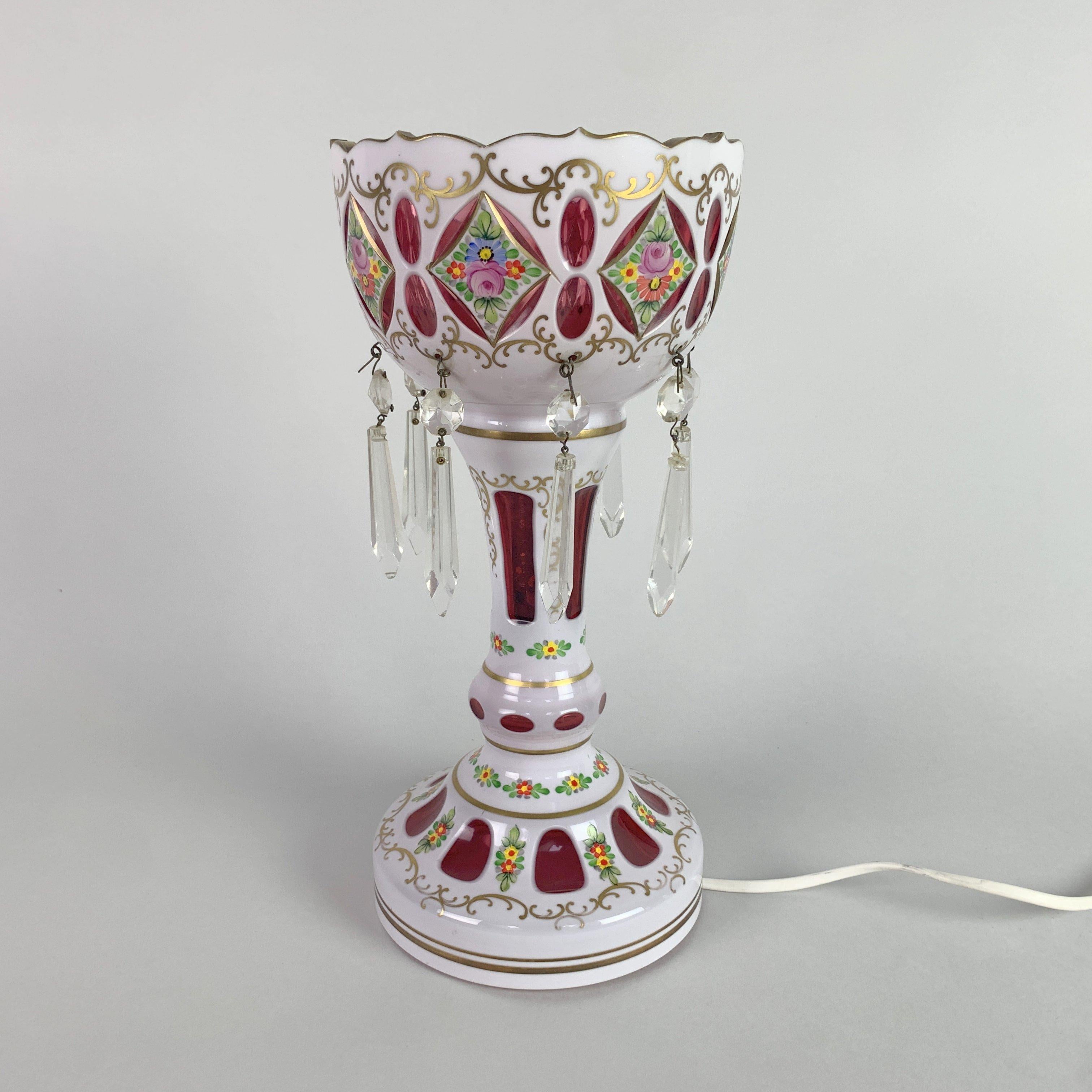 Enameled Overlay and Enamelled Glass Lustre Lamp, Crystalex, Czechoslovakia, 1950s