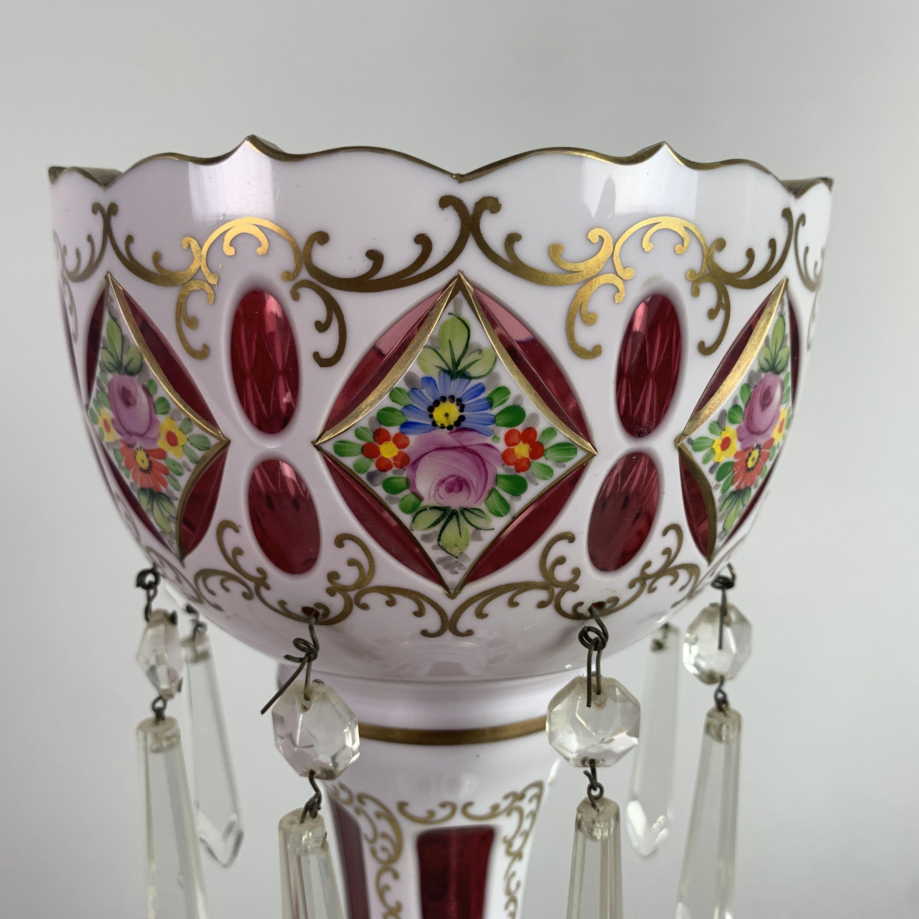 Mid-20th Century Overlay and Enamelled Glass Lustre Lamp, Crystalex, Czechoslovakia, 1950s
