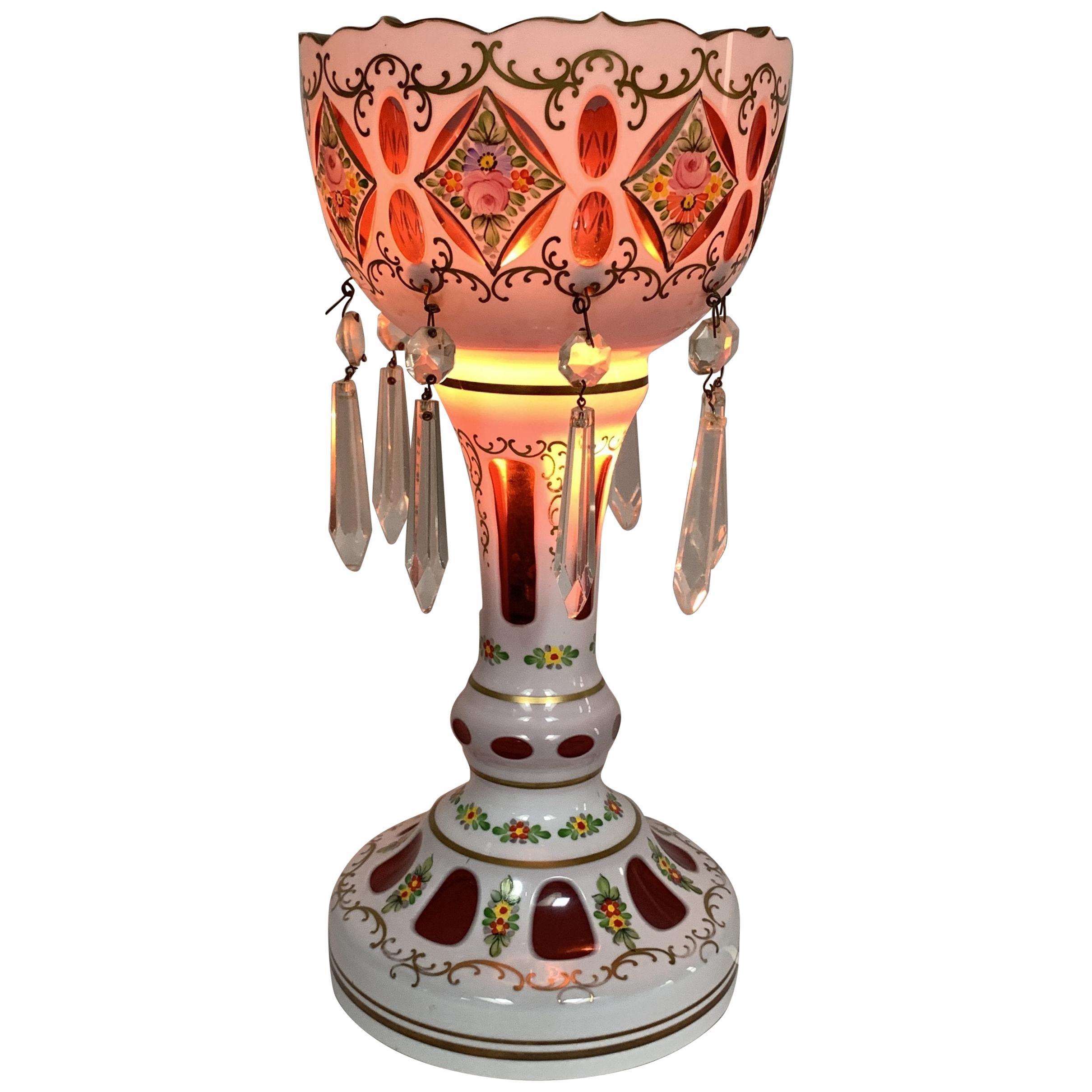 Overlay and Enamelled Glass Lustre Lamp, Crystalex, Czechoslovakia, 1950s