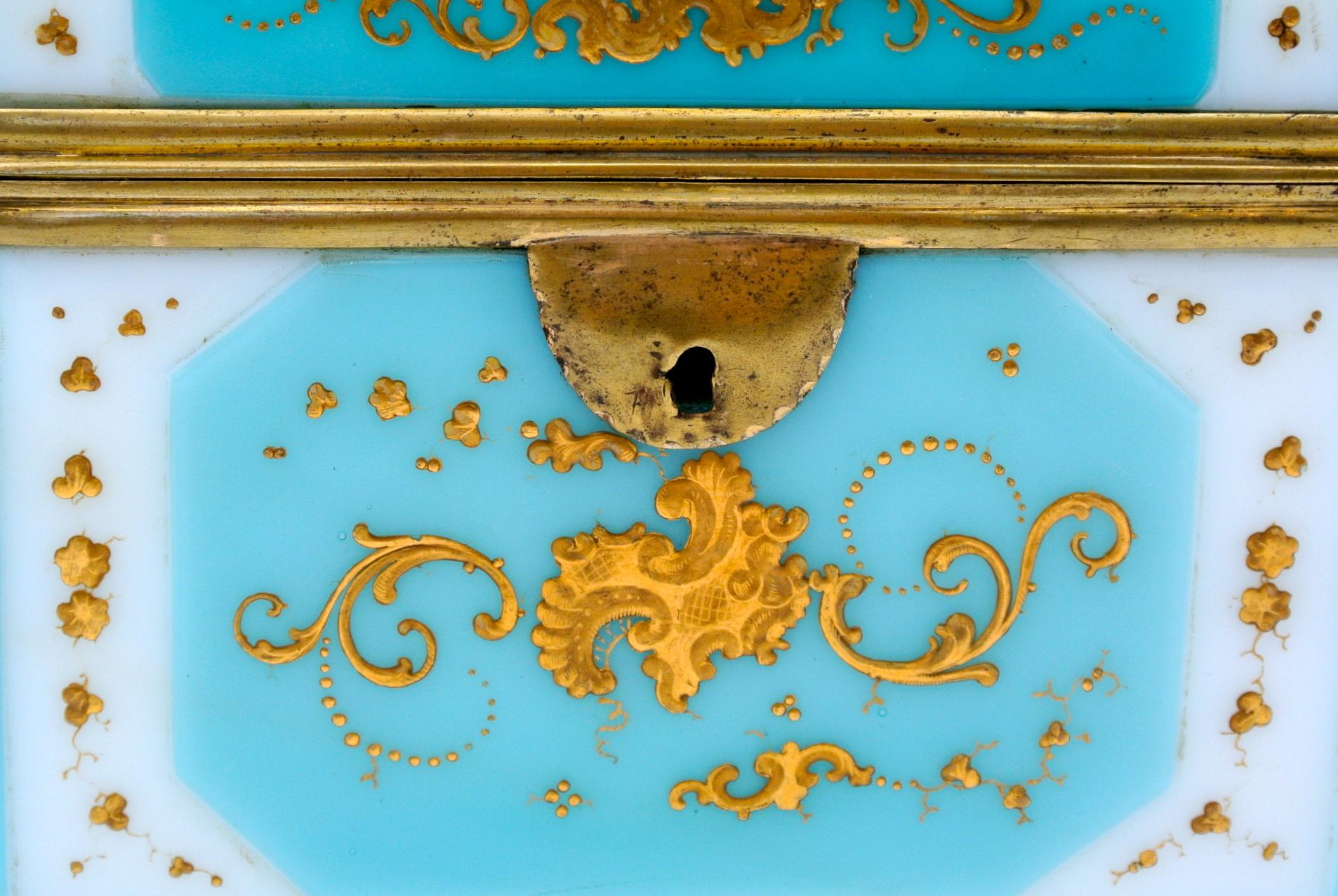 French Overlay Box, Gold Enameled Opaline