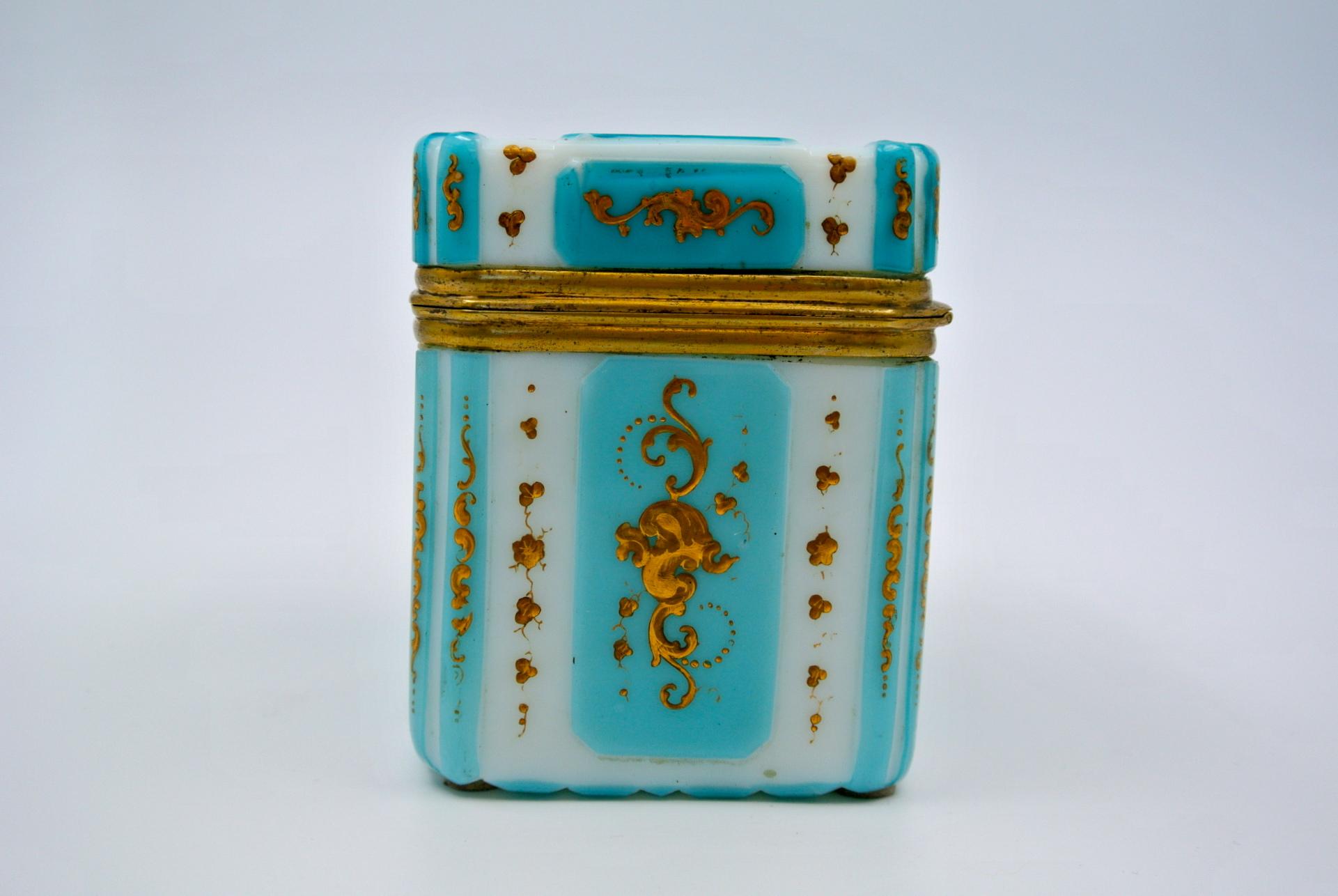 19th Century Overlay Box, Gold Enameled Opaline