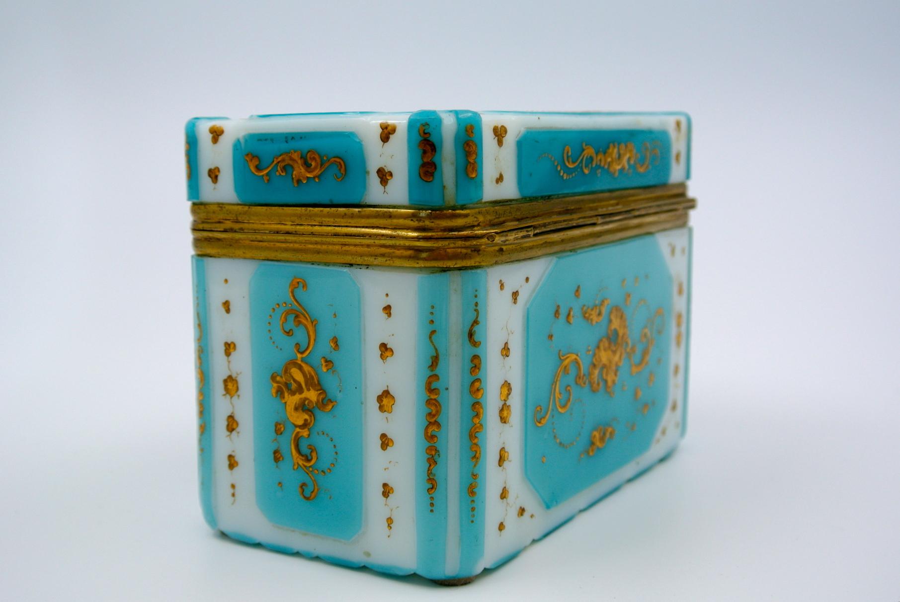 Brass Overlay Box, Gold Enameled Opaline