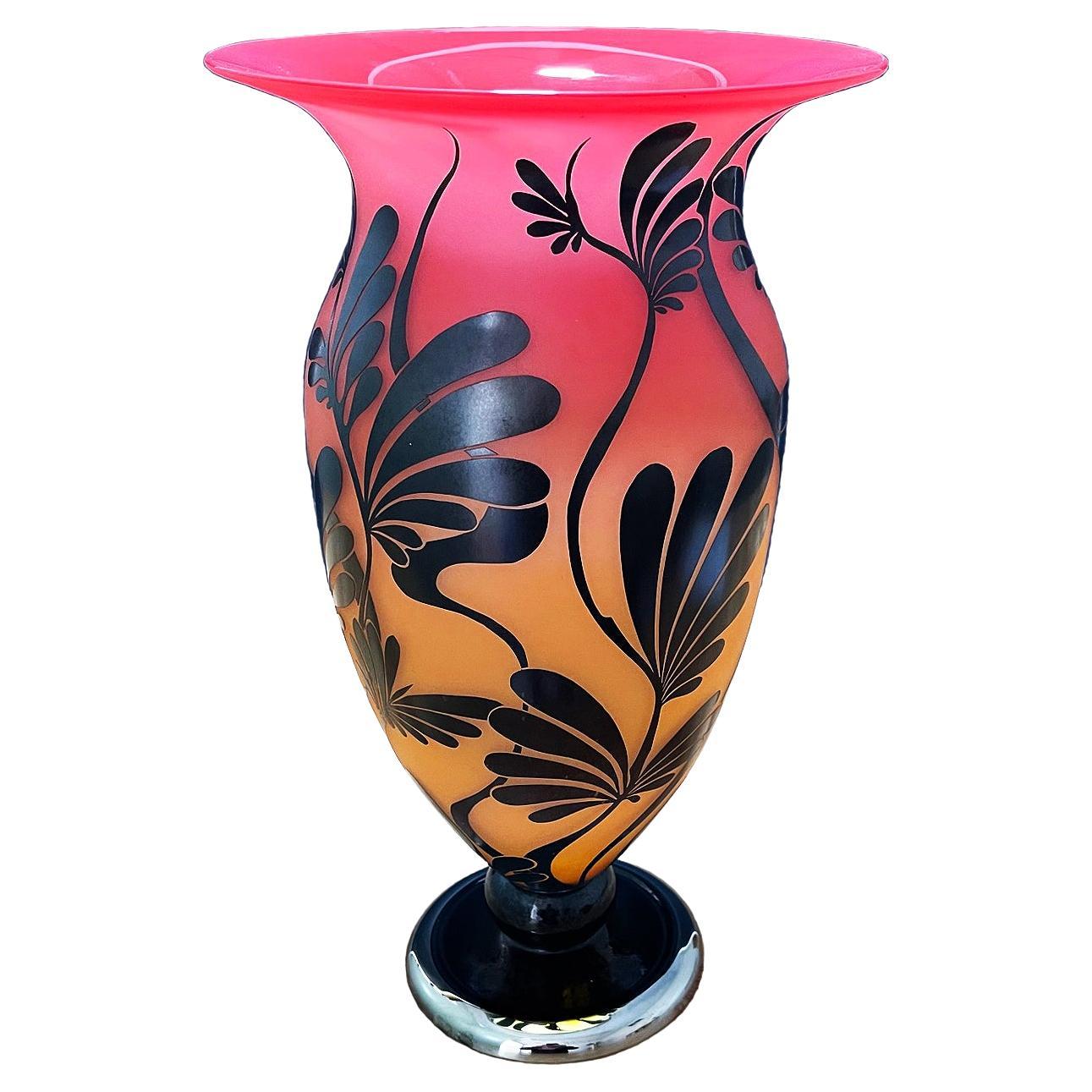 Overlay Cameo Etched Vase with Leaf pattern For Sale