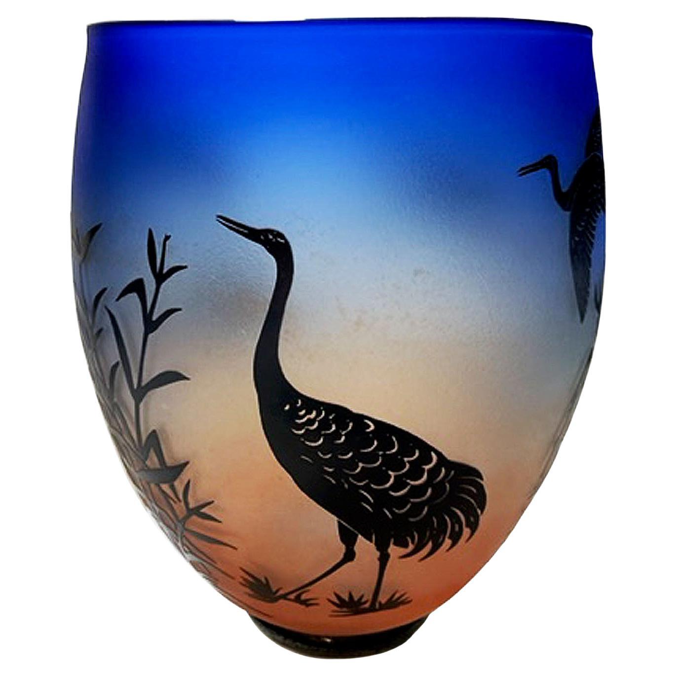 Overlay Cameo Etched Vessel with Cranes '8 of 50' For Sale