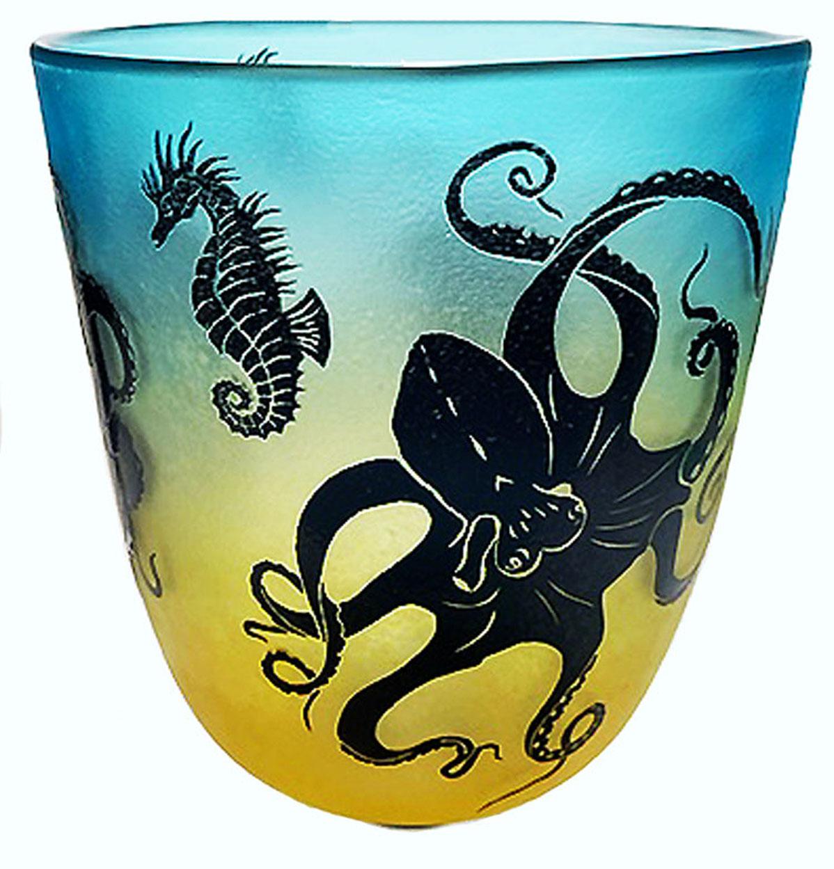 American Overlay Cameo Etched Vessel with Octopus