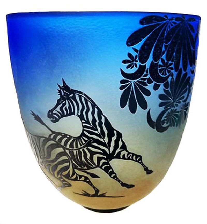 American Craftsman Overlay Cameo Etched Vessel with Zebra- Number 9 of 50, 'Limited Series'