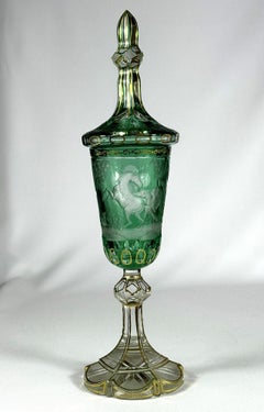 Overlay Glass Goblet, Cut, Gold Plated With Horses Engraving. Custom work.