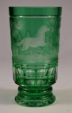 Overlay Glass Green Goblet, Engraved Horse, Bohemian Glass 20th Century