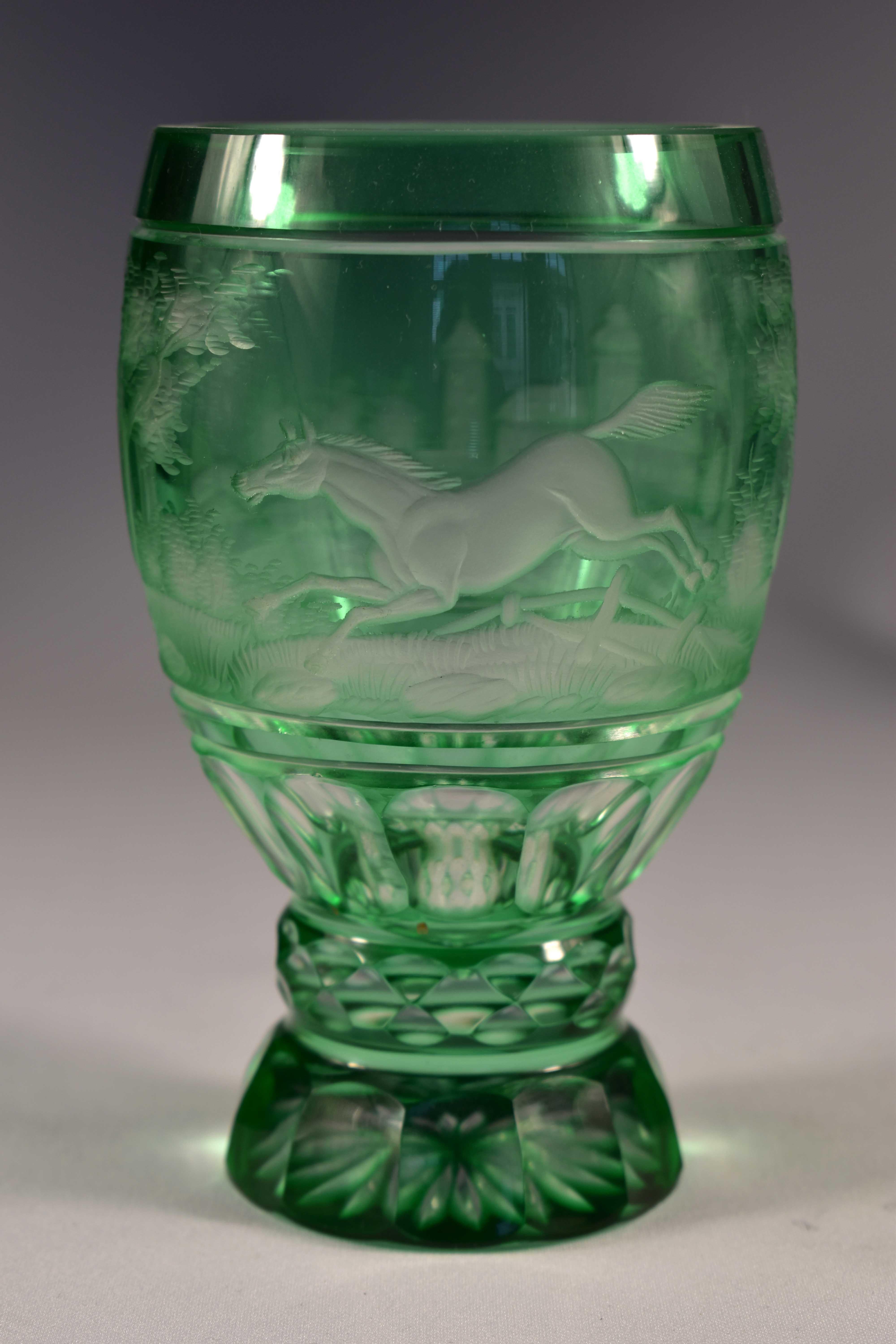 Beautiful overlay glass goblet, clear and green glass, hand engraved, engraved horse, 20th century. Bohemian glass- Undamaged.