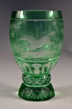 Overlay Glass Green Goblet, Engraved Horse, Bohemian Glass 20th Century
