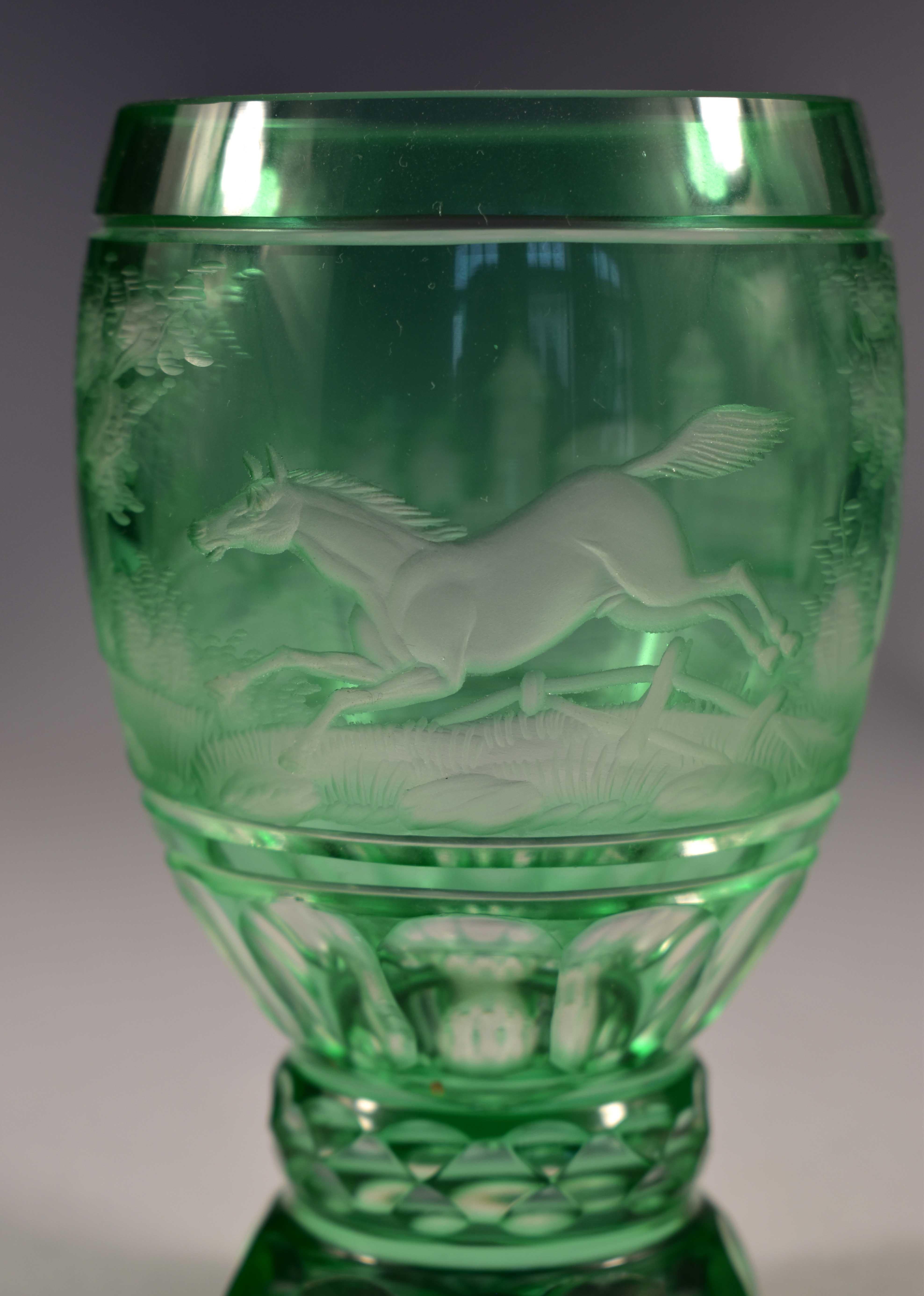 Hand-Crafted Overlay Glass Green Goblet, Engraved Horse, Bohemian Glass 20th Century