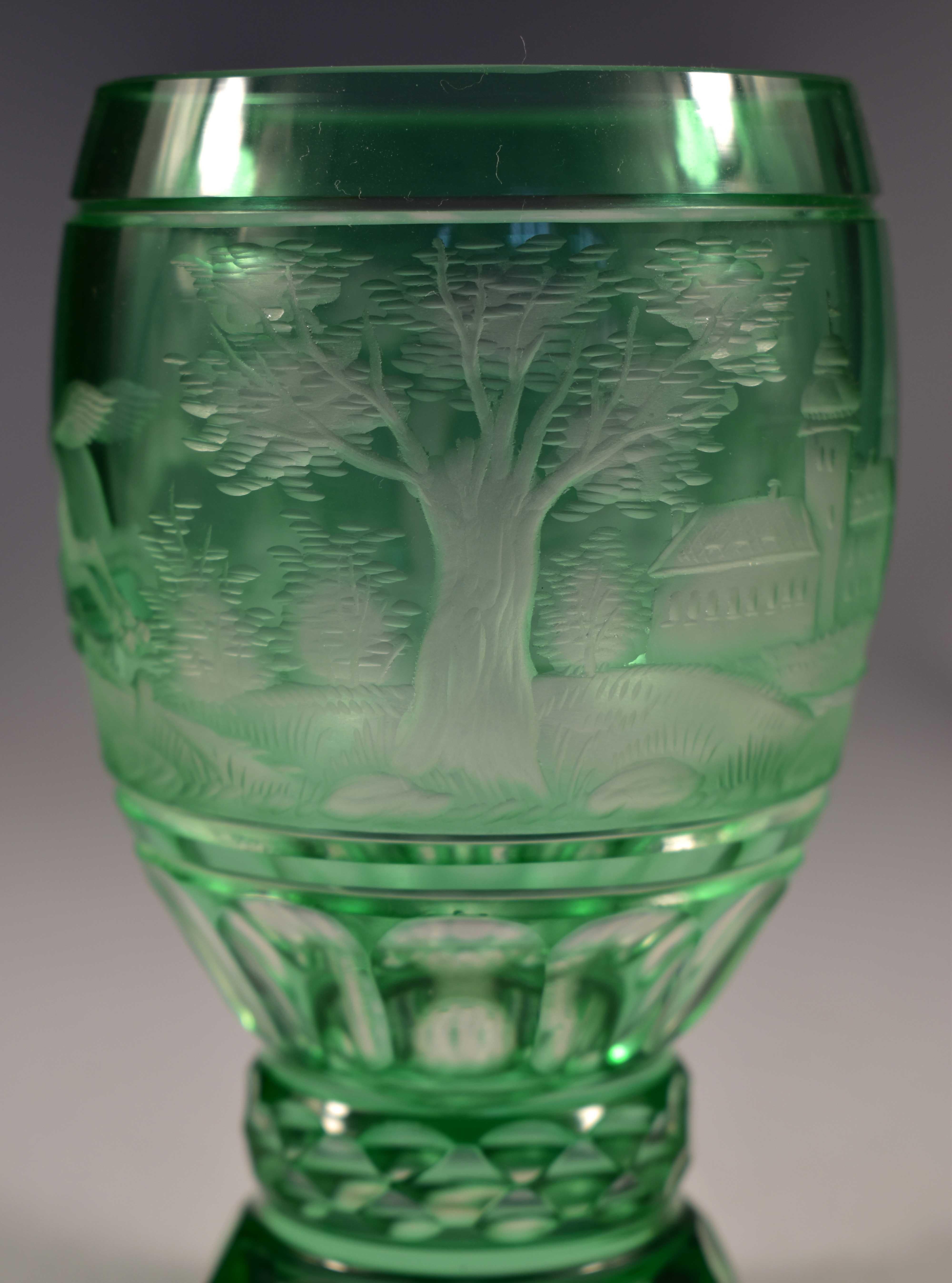 Overlay Glass Green Goblet, Engraved Horse, Bohemian Glass 20th Century In Good Condition In Nový Bor, CZ