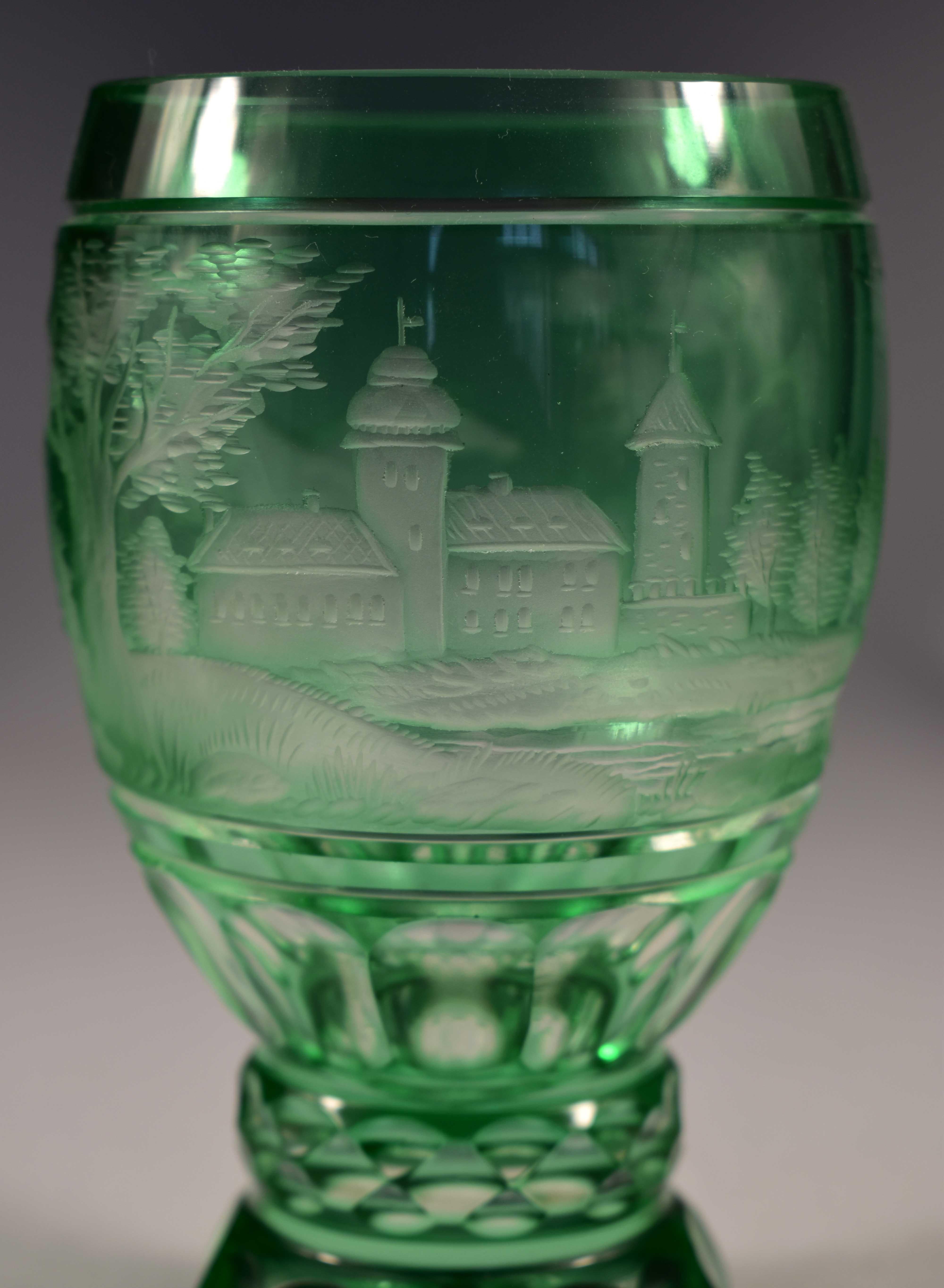 Art Glass Overlay Glass Green Goblet, Engraved Horse, Bohemian Glass 20th Century