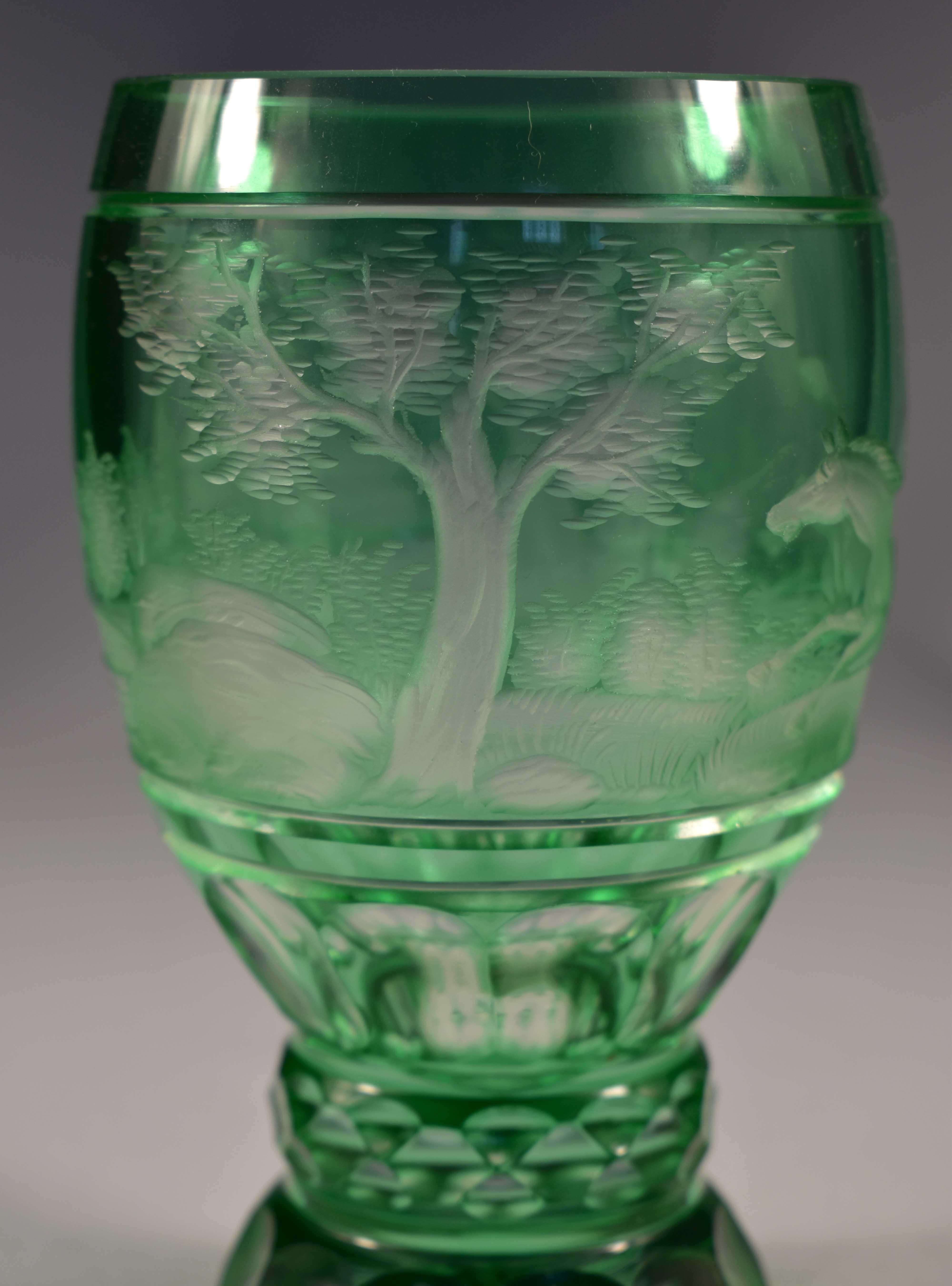 Overlay Glass Green Goblet, Engraved Horse, Bohemian Glass 20th Century 1
