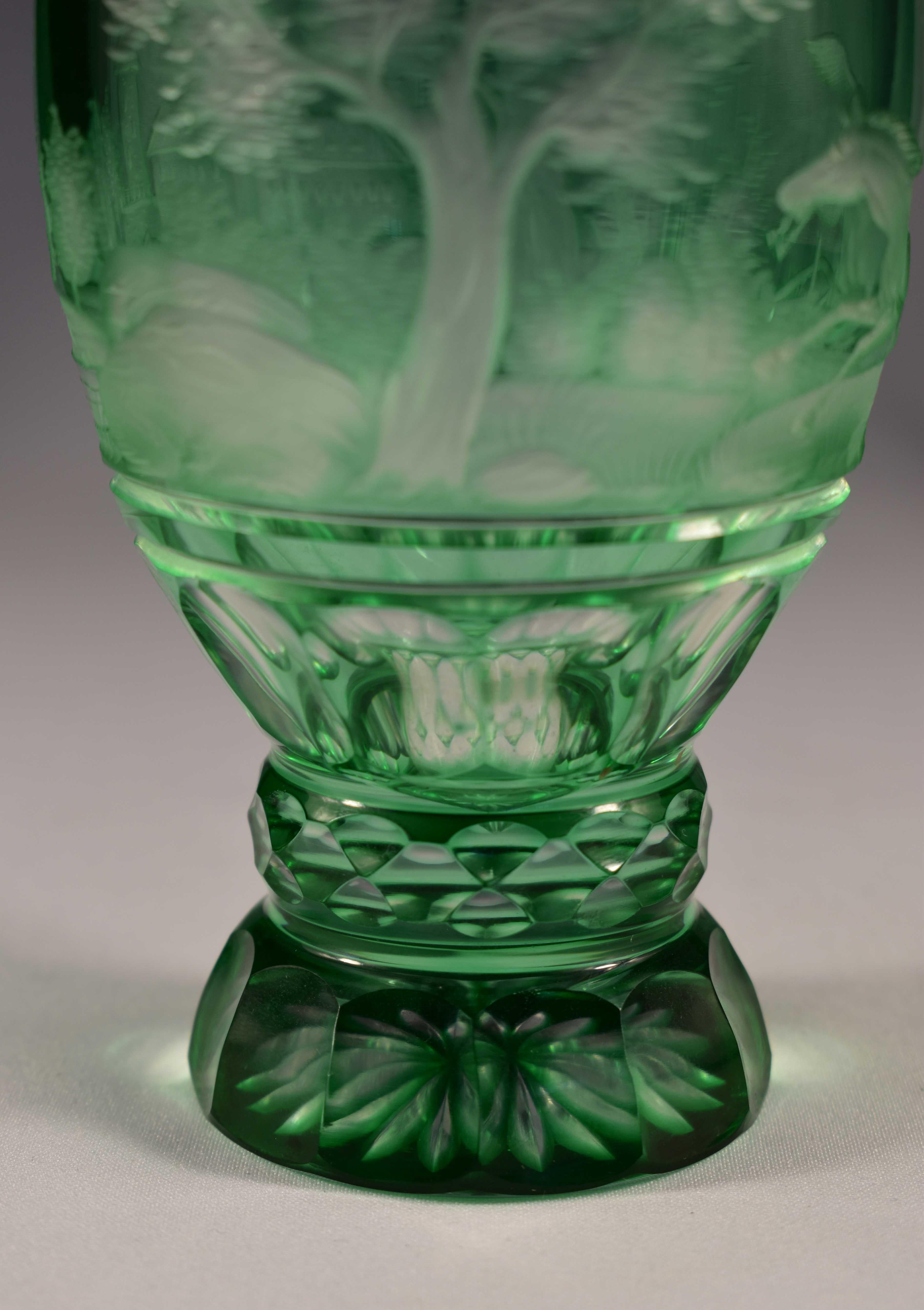 Overlay Glass Green Goblet, Engraved Horse, Bohemian Glass 20th Century 2