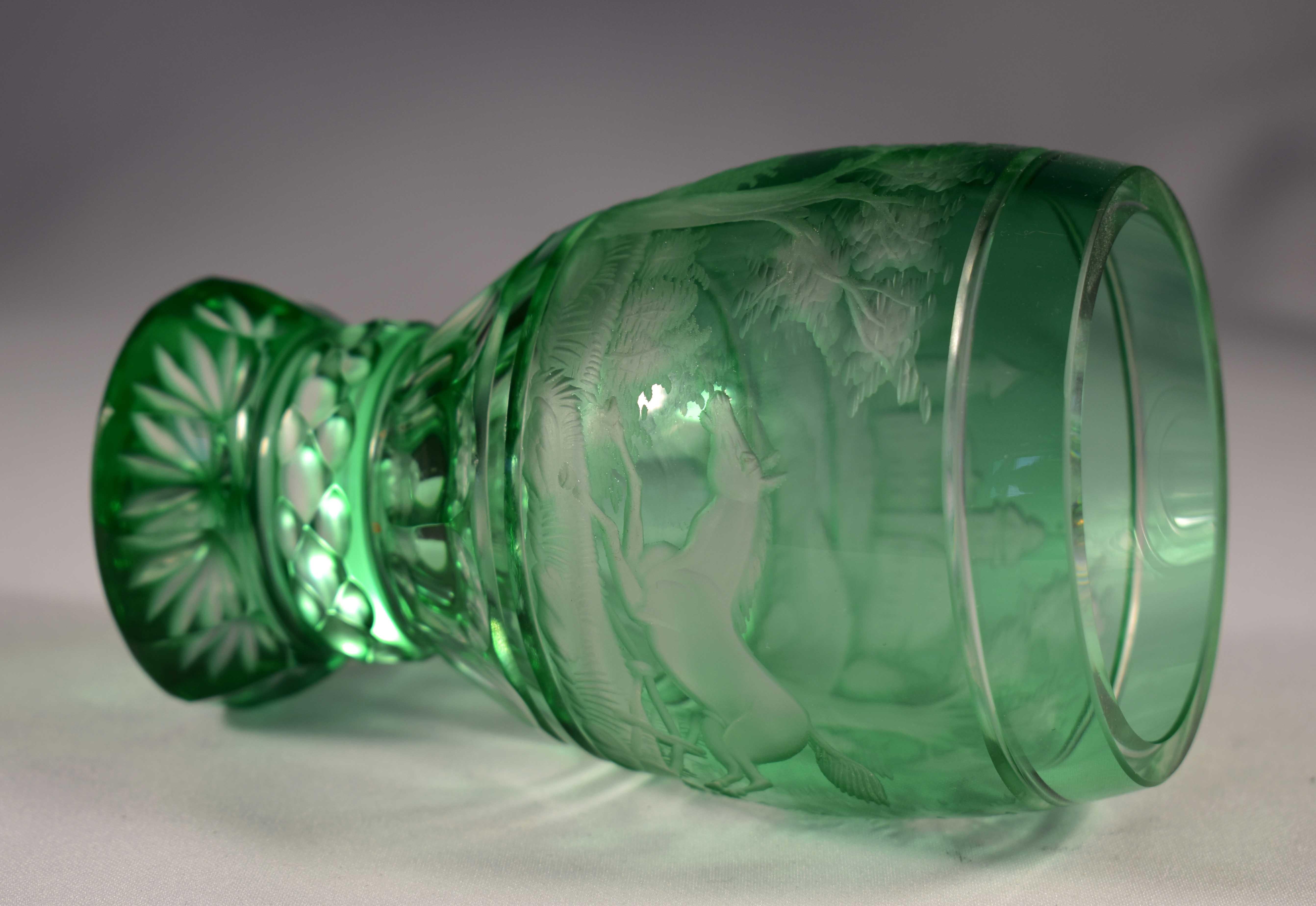 Overlay Glass Green Goblet, Engraved Horse, Bohemian Glass 20th Century 3