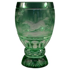 Vintage Overlay Glass Green Goblet, Engraved Horse, Bohemian Glass 20th Century
