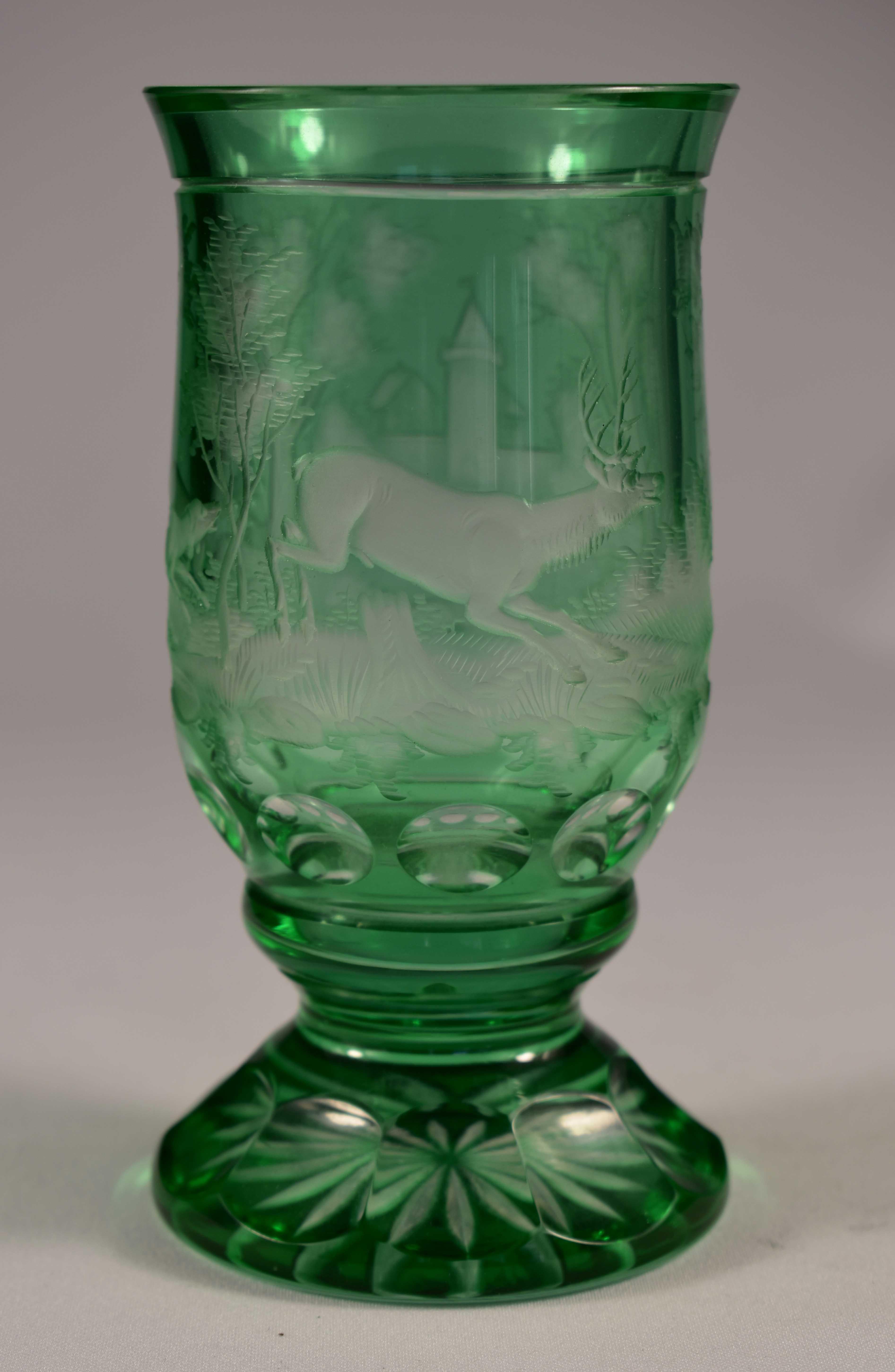 Beautiful overlay glass goblet, clear and green glass, hand engraved, Hunting Motiv, 20th century. Bohemian glass- Undamaged.
