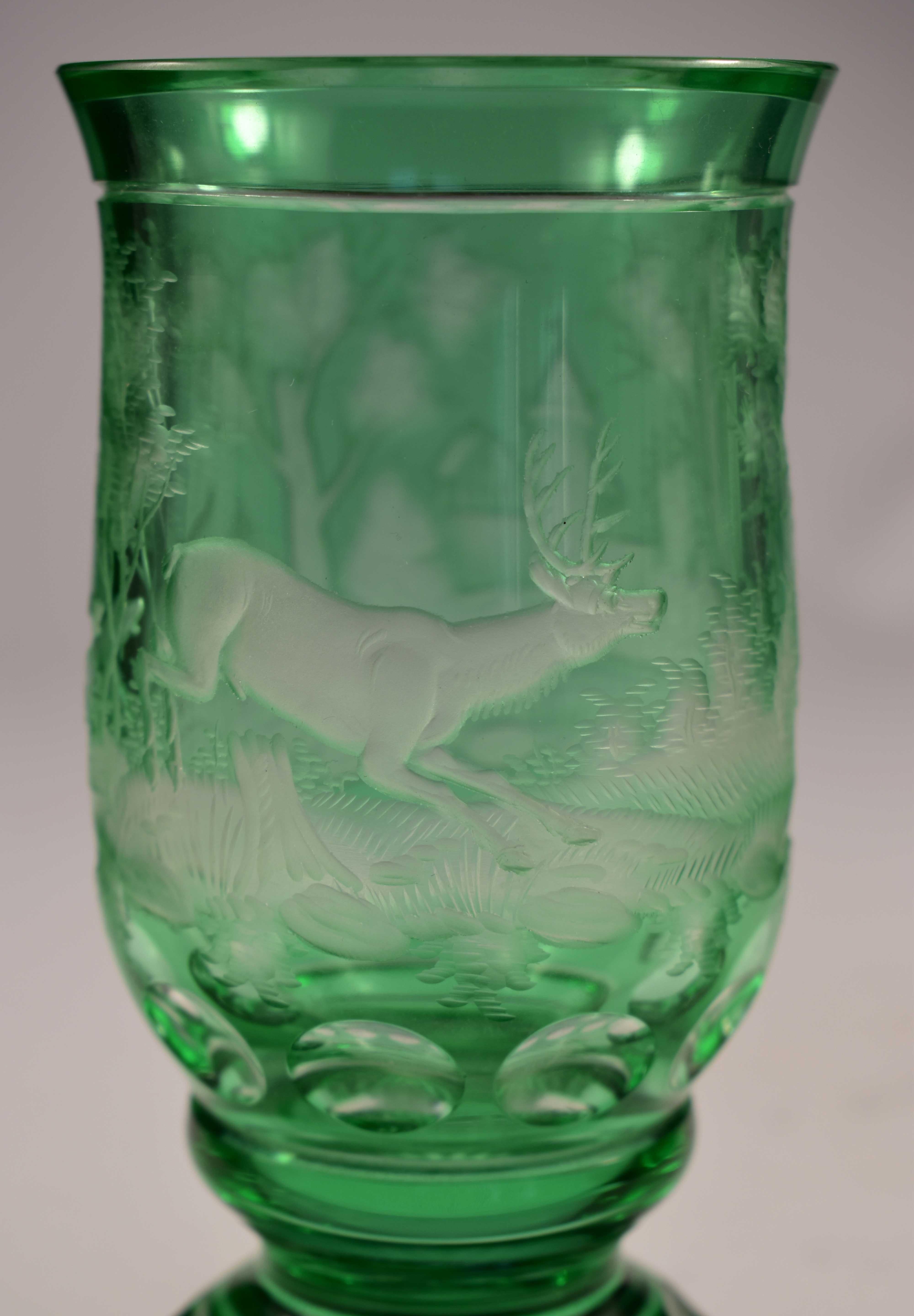 Hand-Crafted Overlay Glass Green Goblet, Hunting Motiv, Bohemian Glass 20th Century