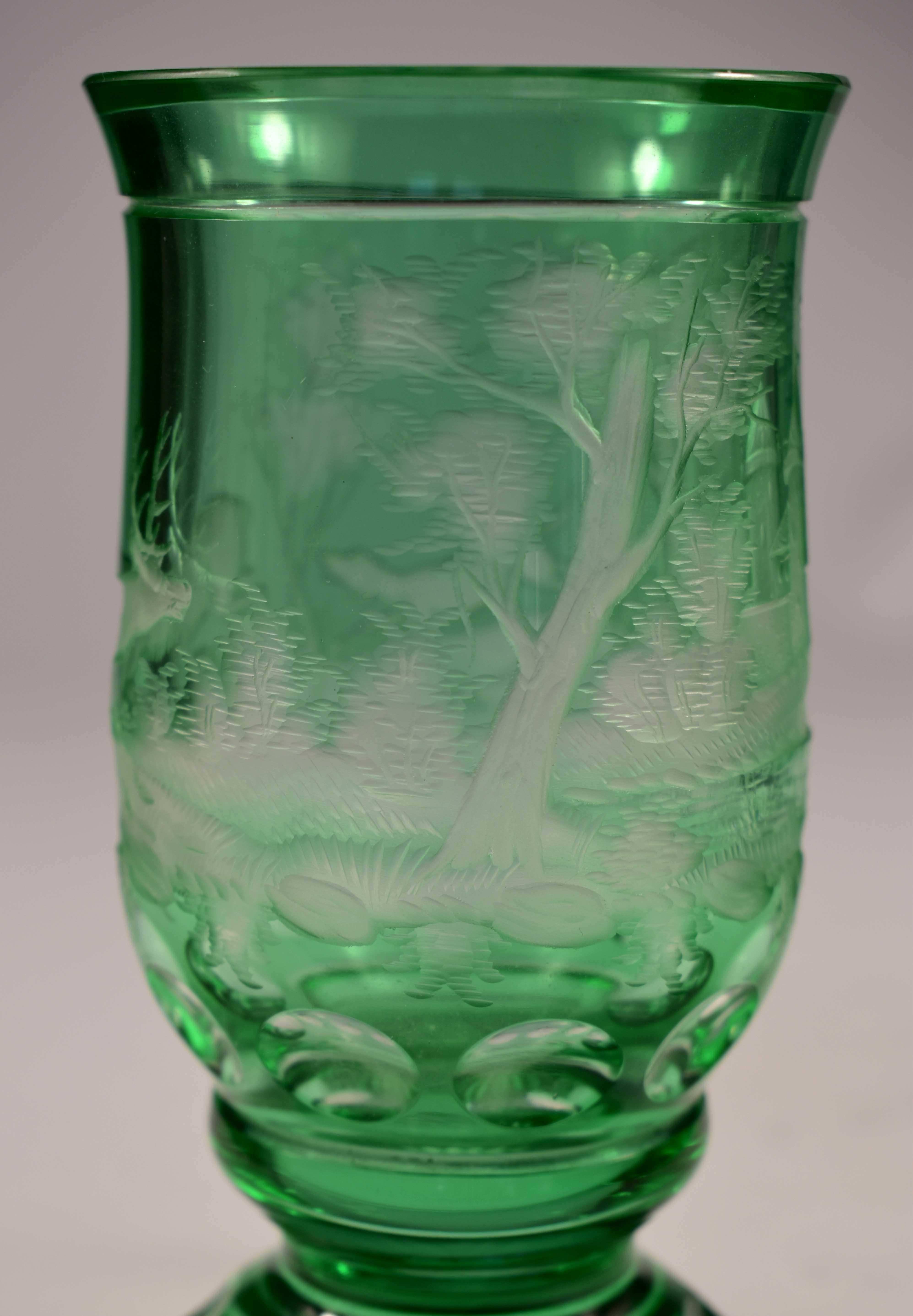 Overlay Glass Green Goblet, Hunting Motiv, Bohemian Glass 20th Century In Good Condition In Nový Bor, CZ