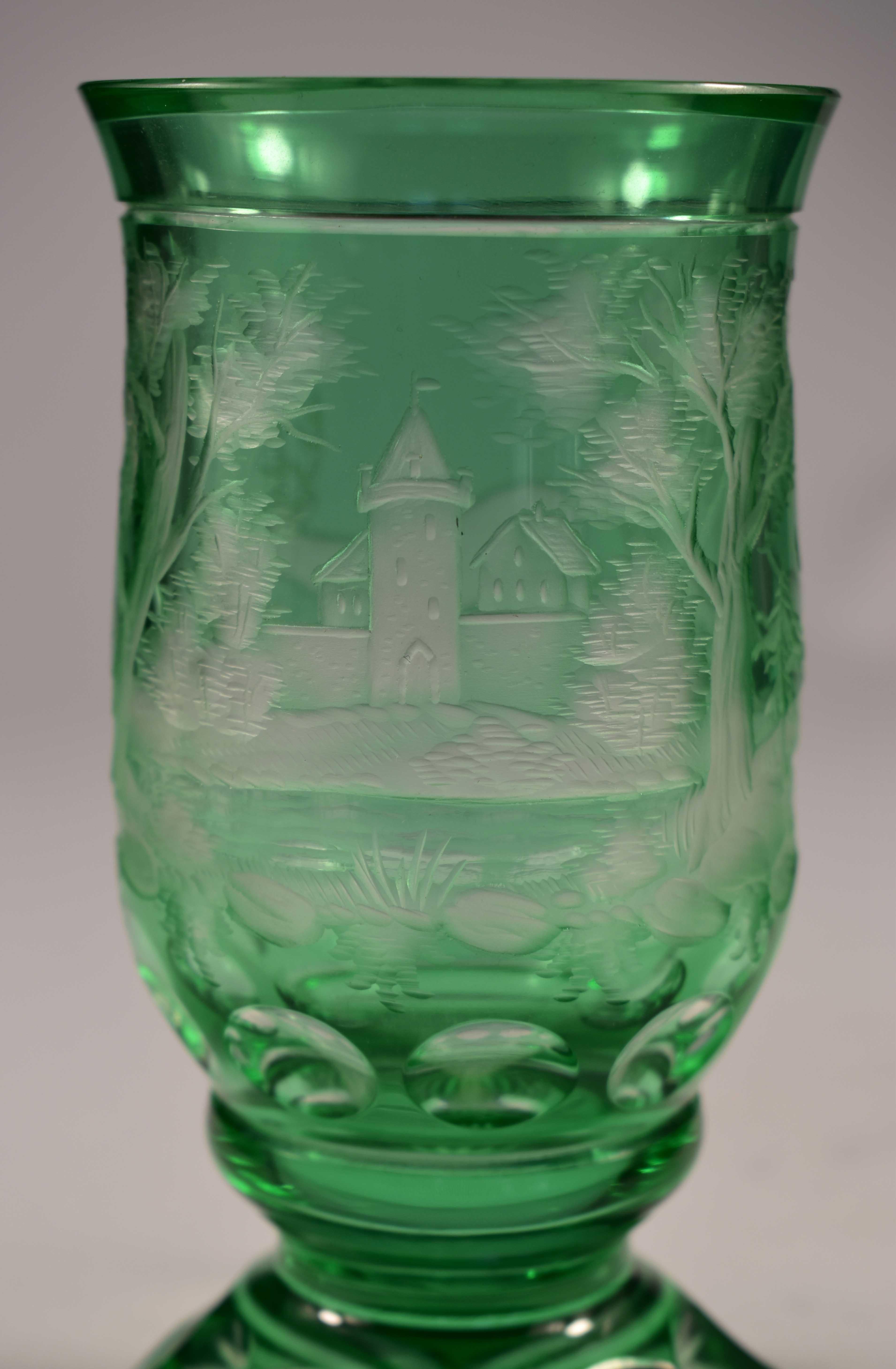 Art Glass Overlay Glass Green Goblet, Hunting Motiv, Bohemian Glass 20th Century