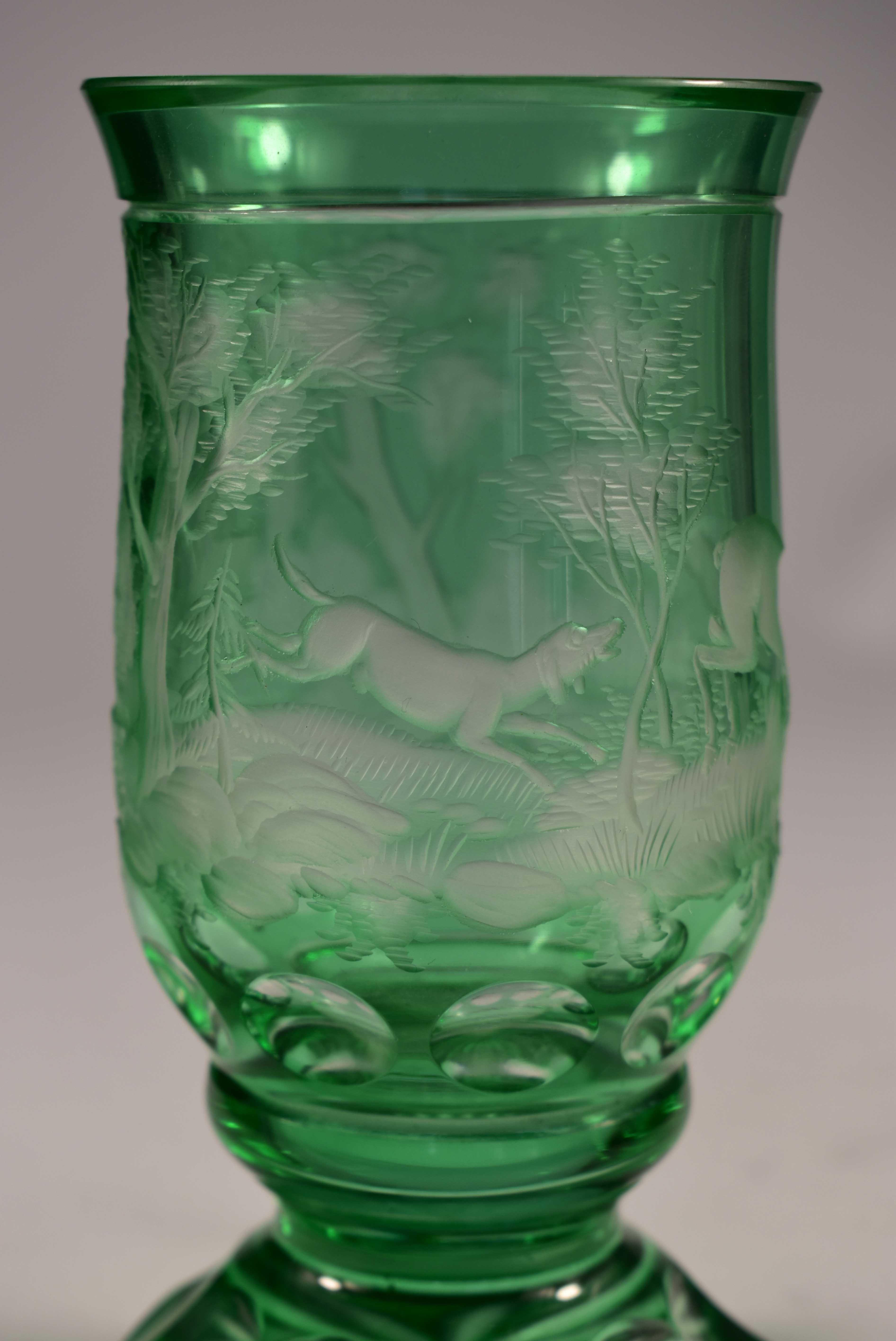 Overlay Glass Green Goblet, Hunting Motiv, Bohemian Glass 20th Century 1