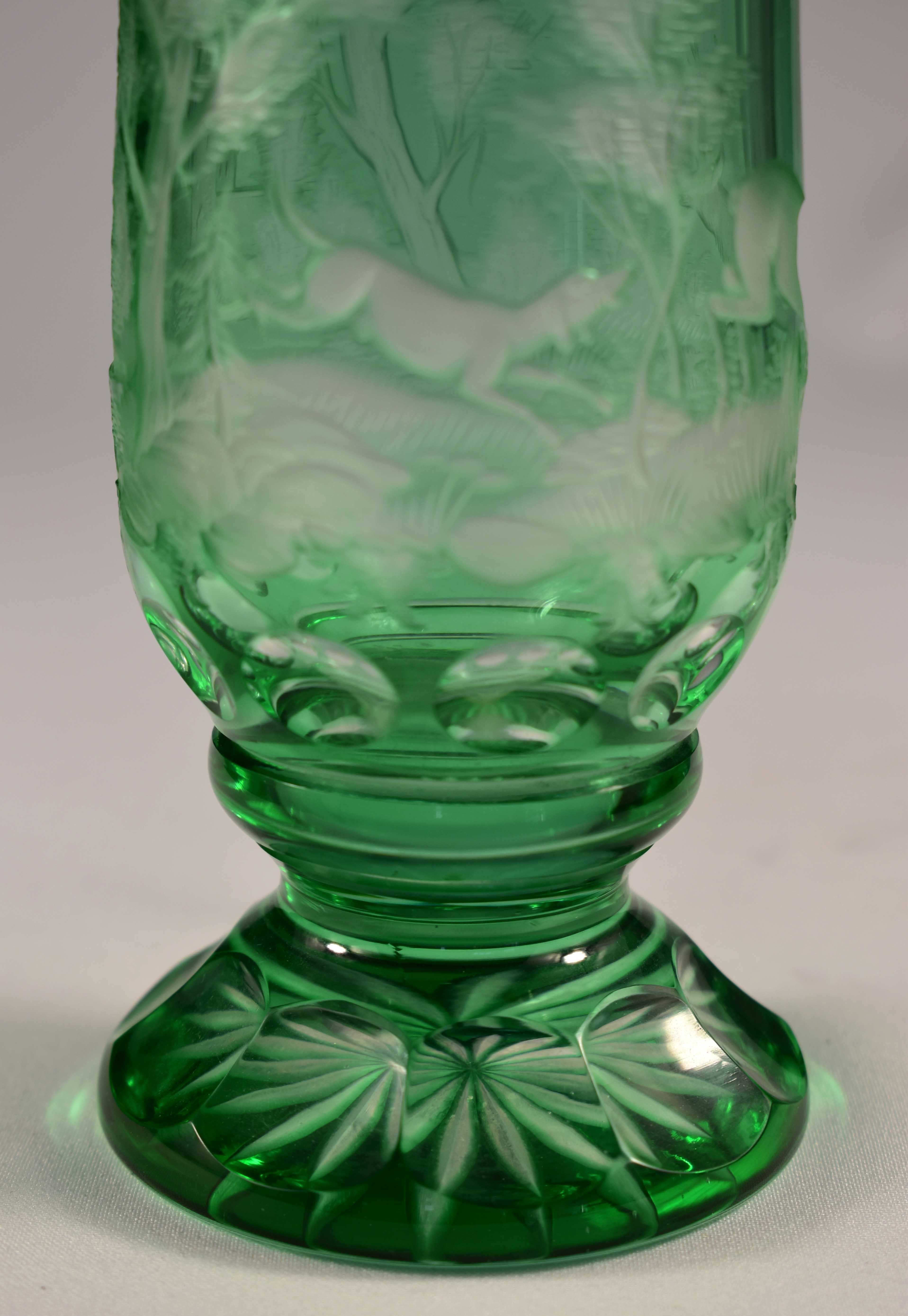 Overlay Glass Green Goblet, Hunting Motiv, Bohemian Glass 20th Century 2