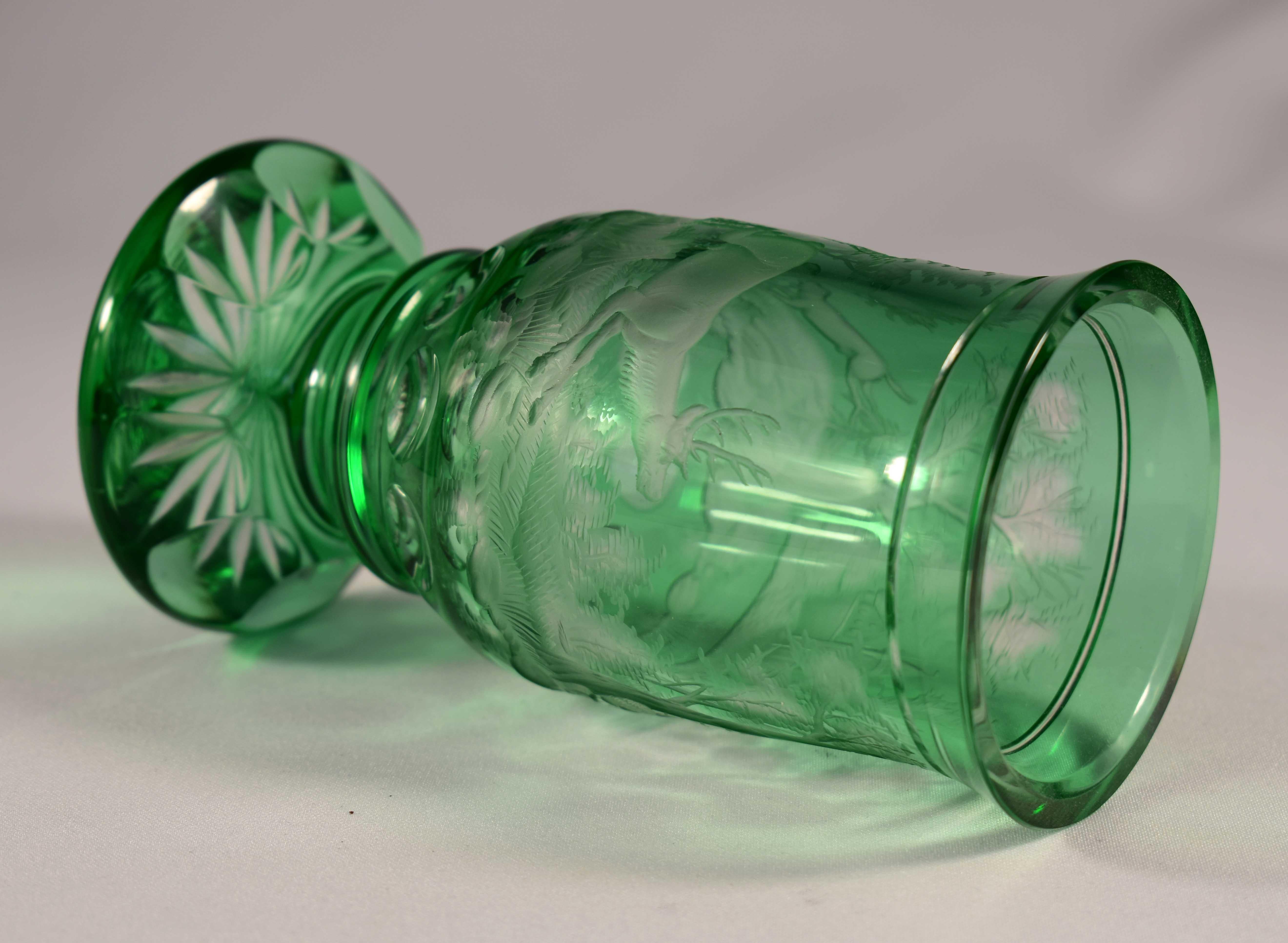 Overlay Glass Green Goblet, Hunting Motiv, Bohemian Glass 20th Century 3
