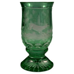 Overlay Glass Green Goblet, Hunting Motiv, Bohemian Glass 20th Century