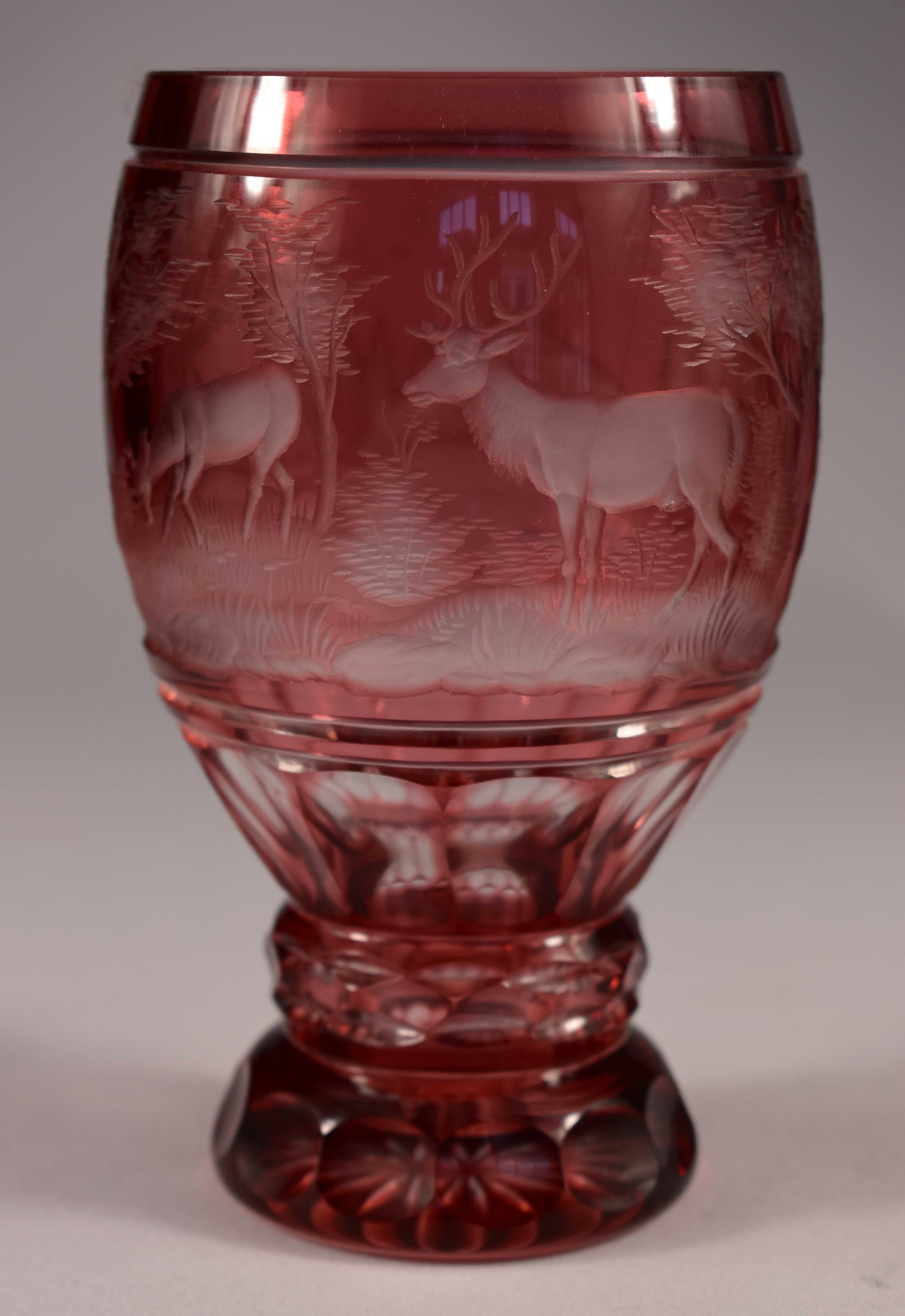 Beautiful overlay glass goblet, clear and Ruby glass, hand engraved, Hunting Motif, 20th century. Bohemian glass- Undamaged.