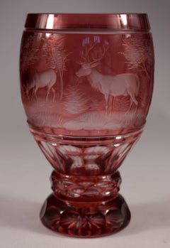 Overlay Glass Ruby Goblet, Hunting Motif, Bohemian Glass