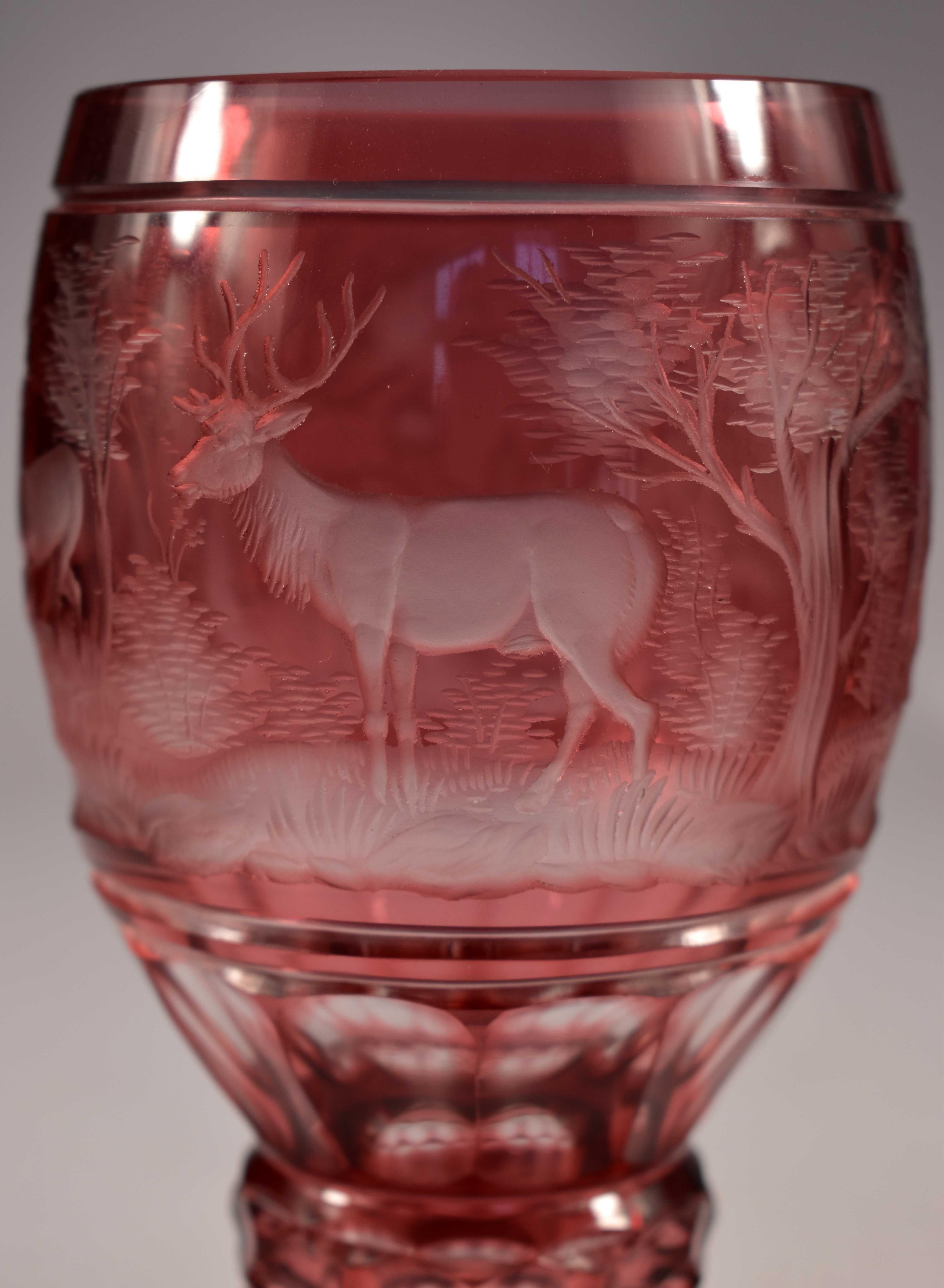 Hand-Crafted Overlay Glass Ruby Goblet, Hunting Motif, Bohemian Glass