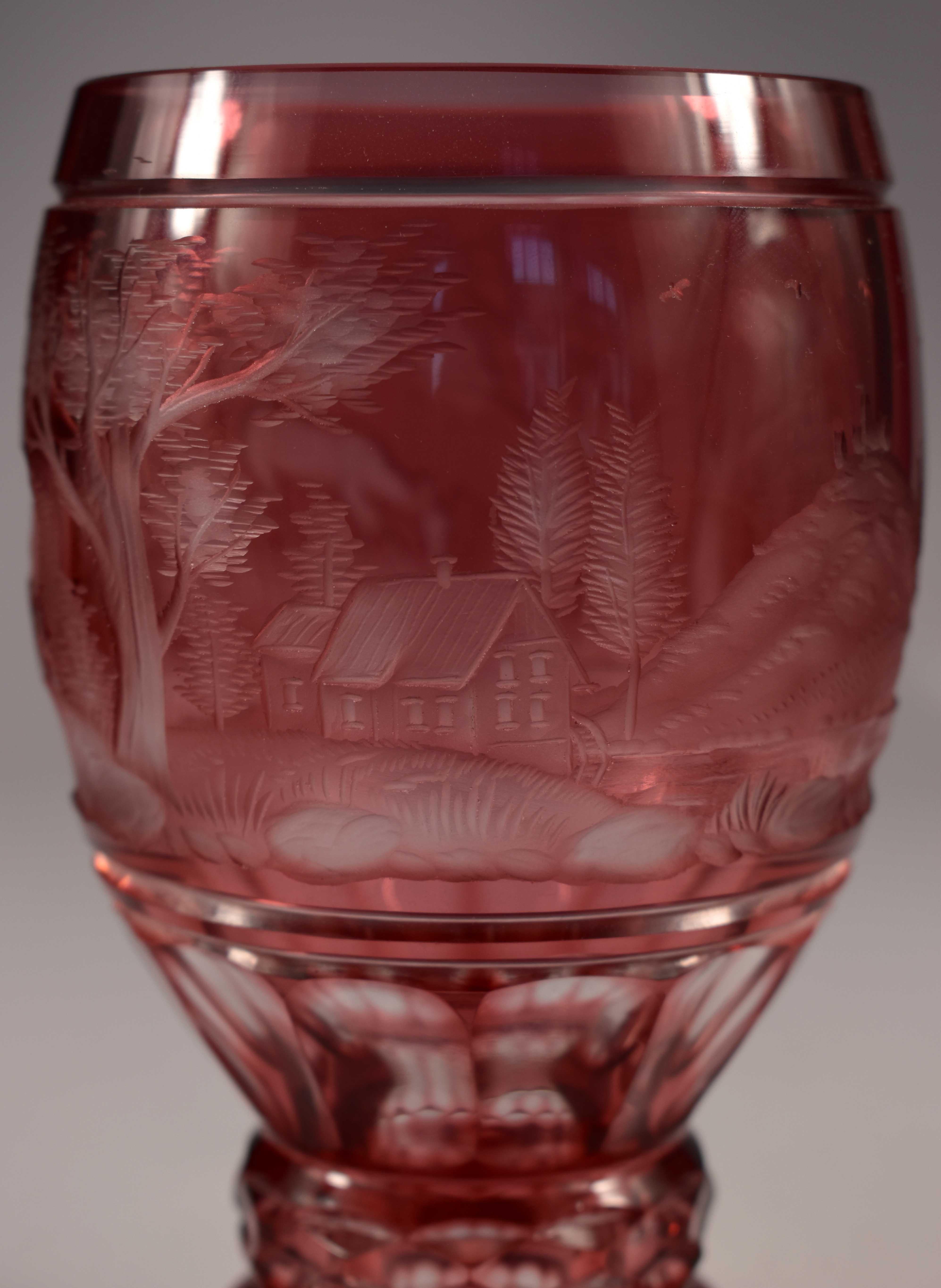 Overlay Glass Ruby Goblet, Hunting Motif, Bohemian Glass In Good Condition In Nový Bor, CZ