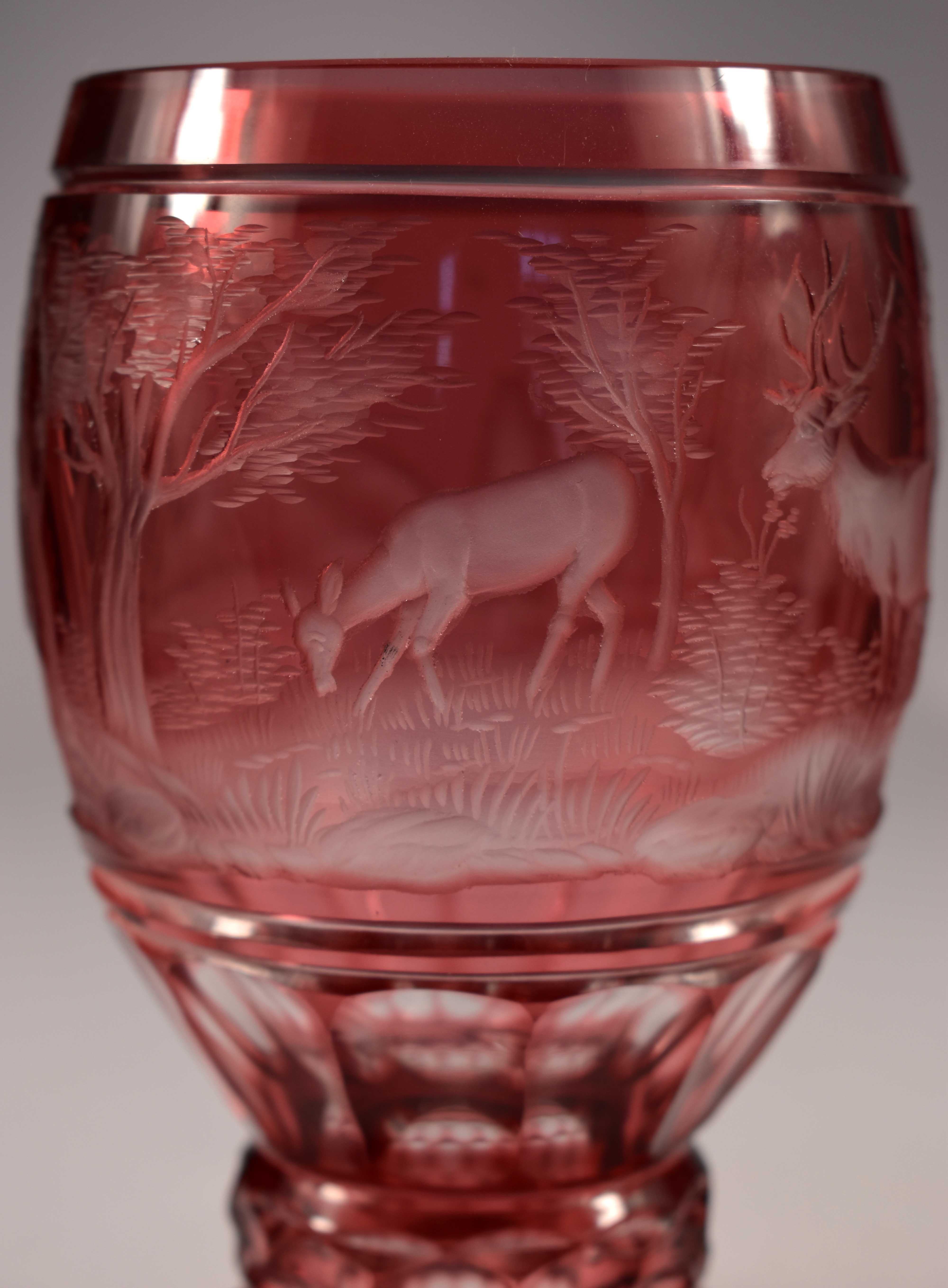 20th Century Overlay Glass Ruby Goblet, Hunting Motif, Bohemian Glass