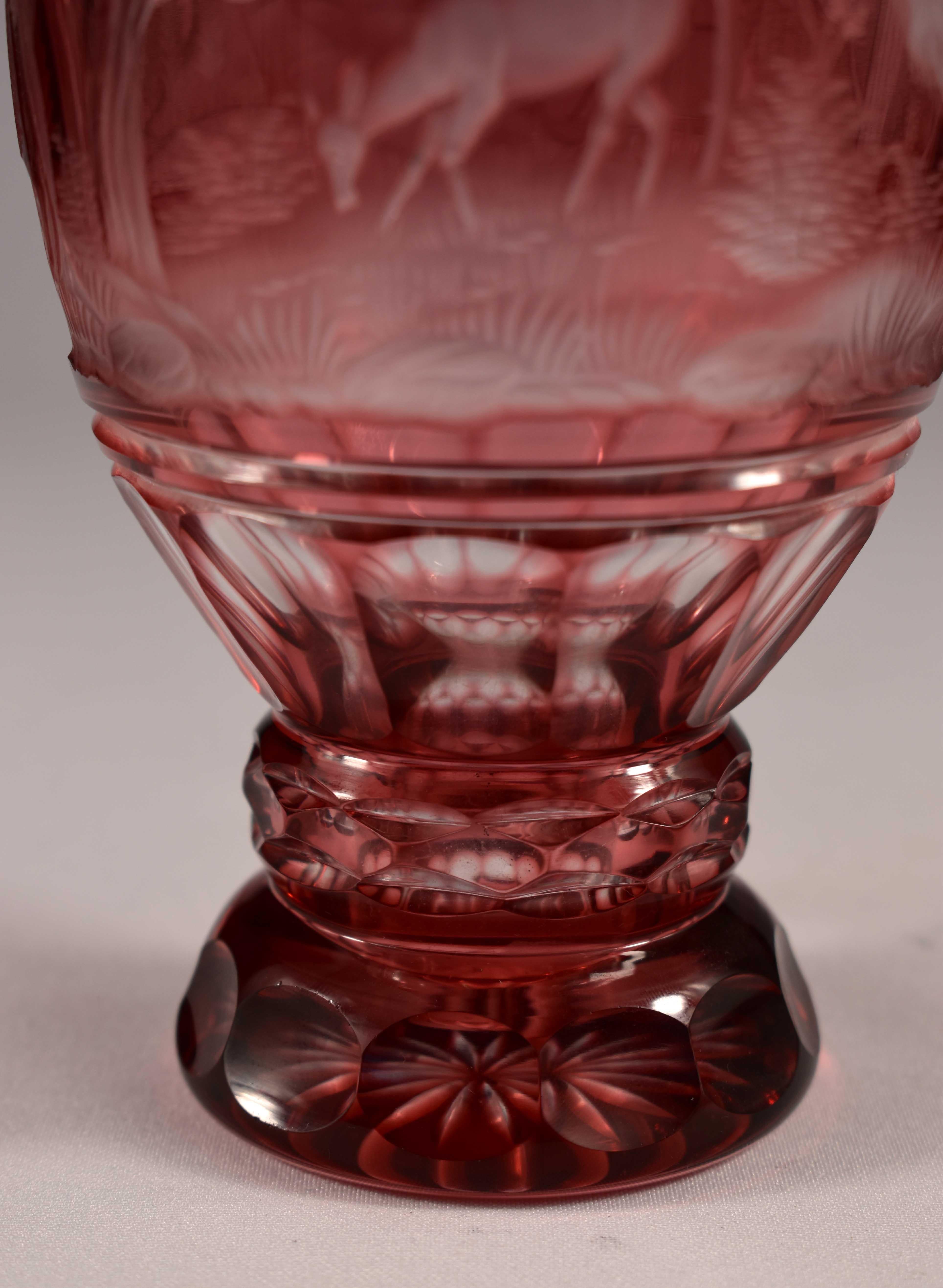 Art Glass Overlay Glass Ruby Goblet, Hunting Motif, Bohemian Glass