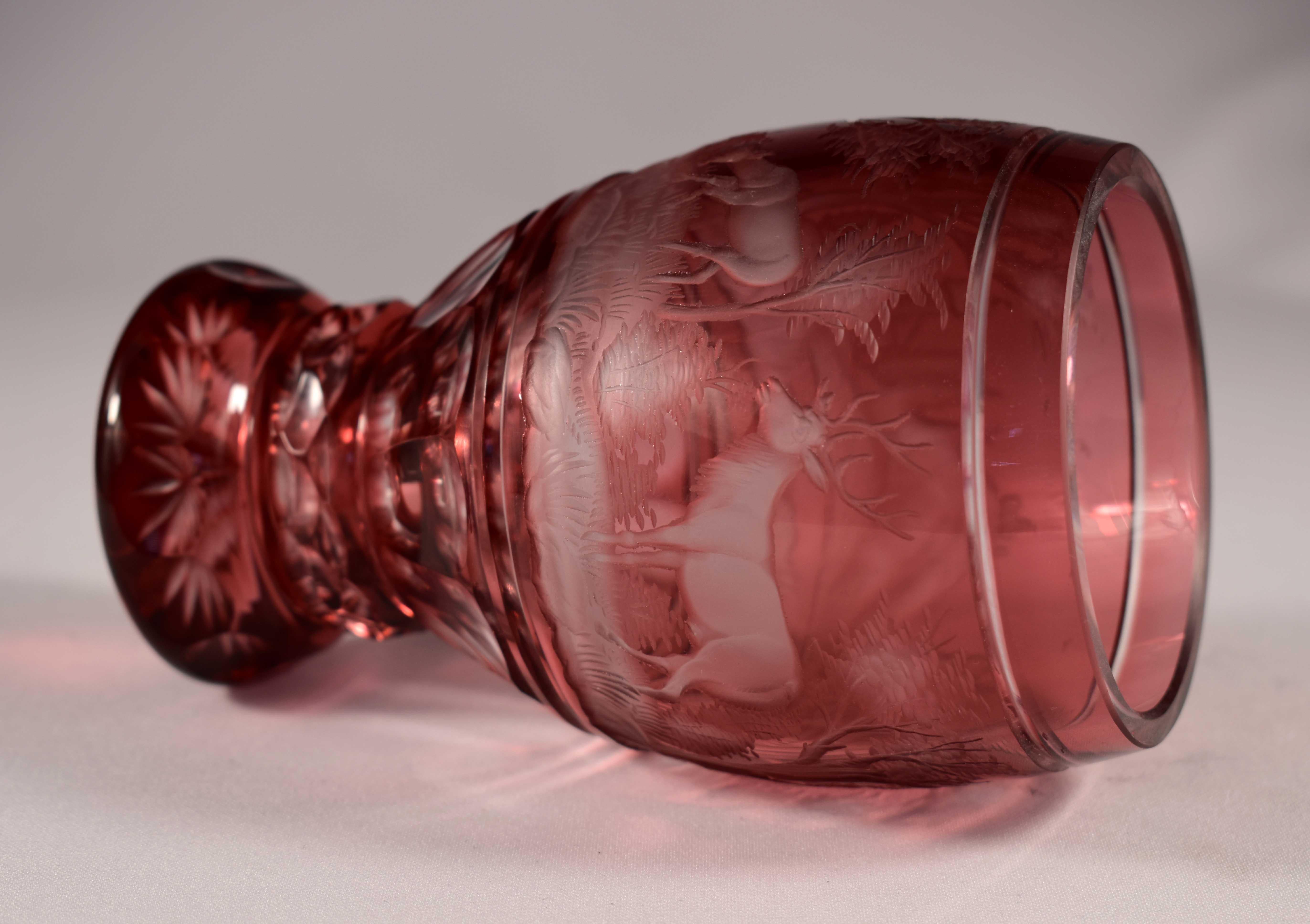 Overlay Glass Ruby Goblet, Hunting Motif, Bohemian Glass 1