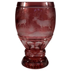 Vintage Overlay Glass Ruby Goblet, Hunting Motif, Bohemian Glass