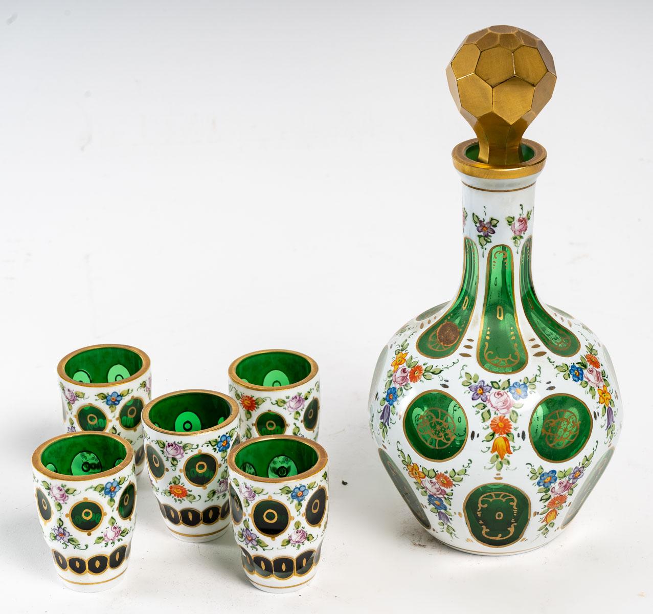 Overlay Liqueur Decanter, Five Glasses, Vase and Pair of Bowls, 20th Century 5