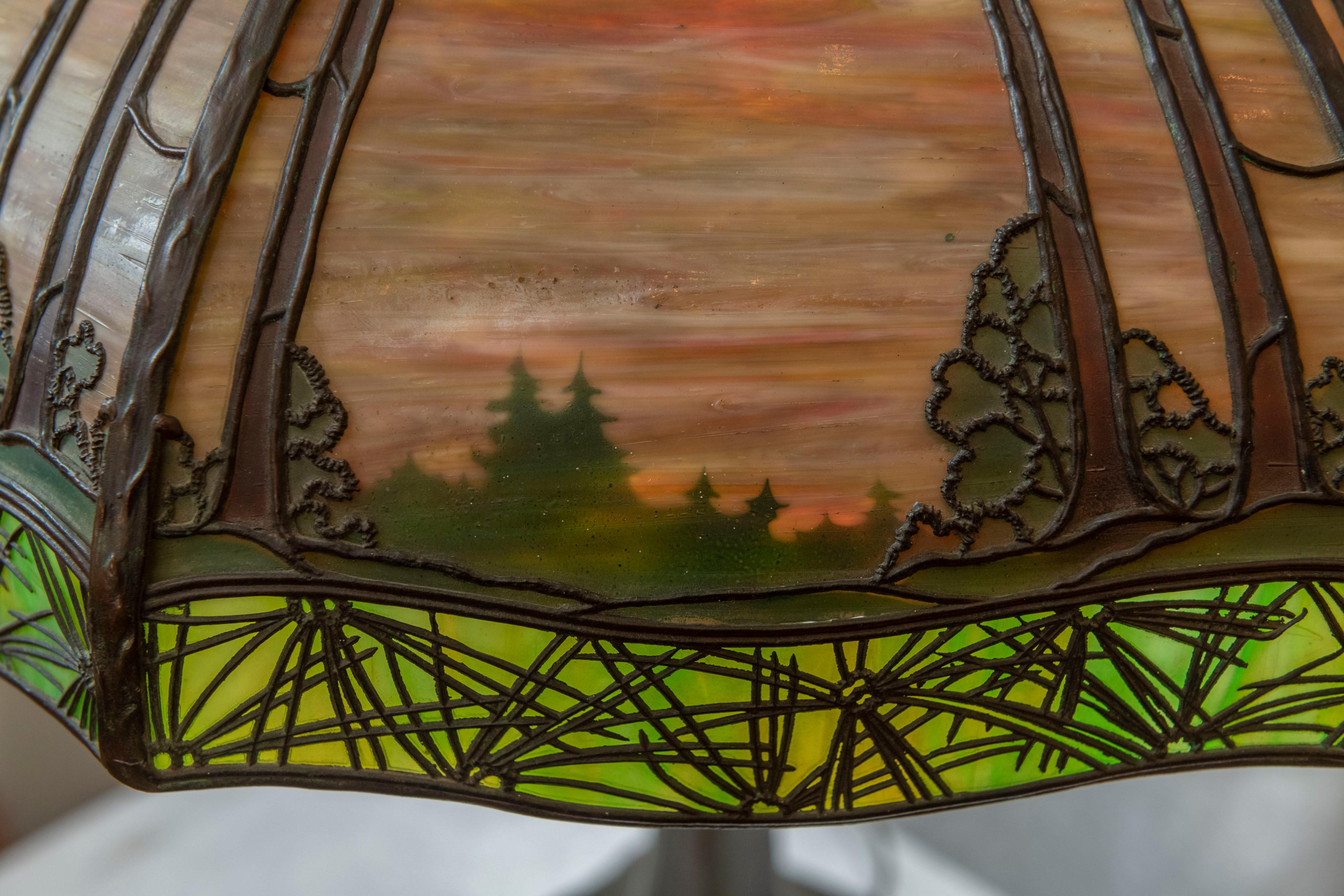 Arts and Crafts Overlay Scenic Handel Panel Lamp, Original, Signed, circa 1910