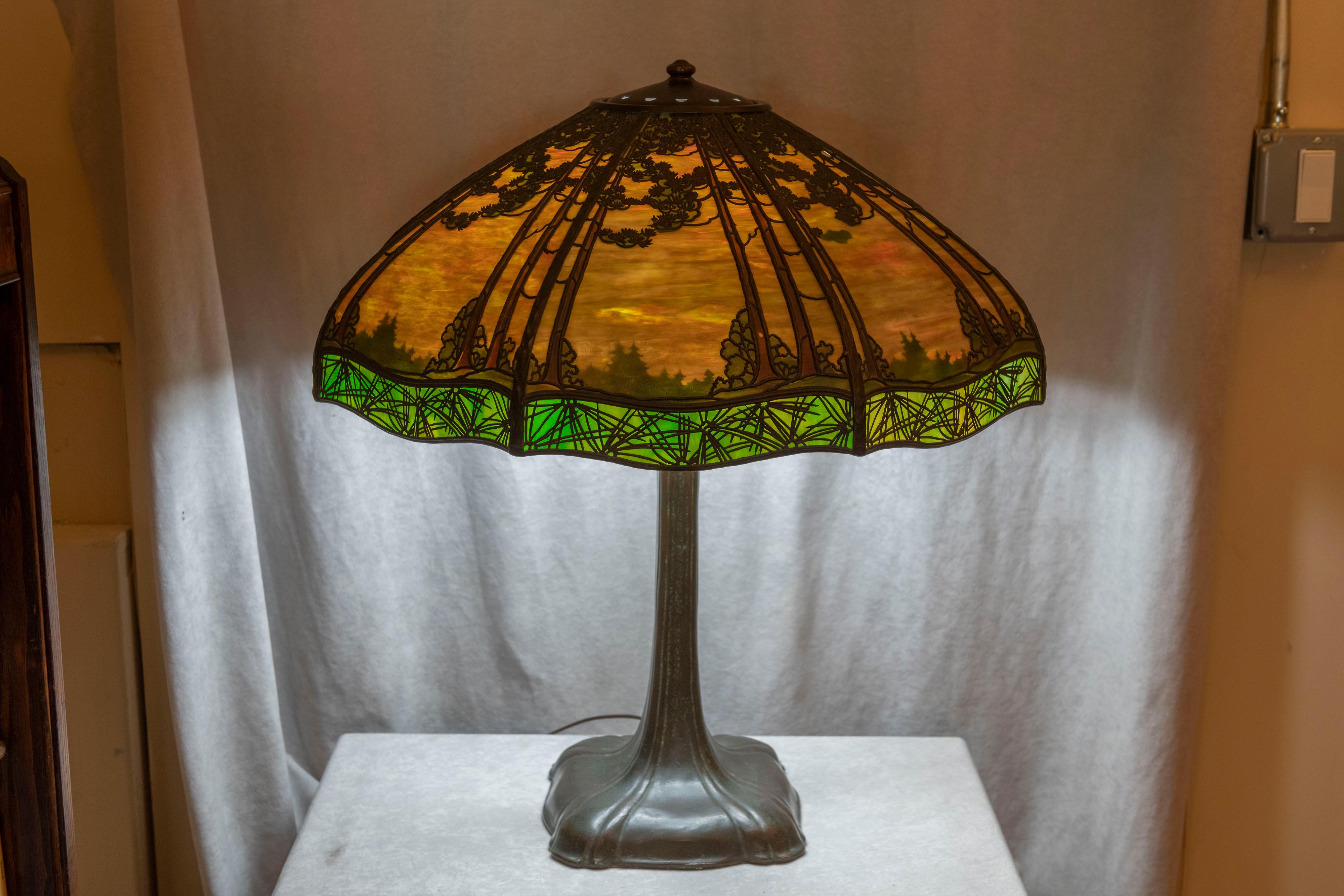 American Overlay Scenic Handel Panel Lamp, Original, Signed, circa 1910